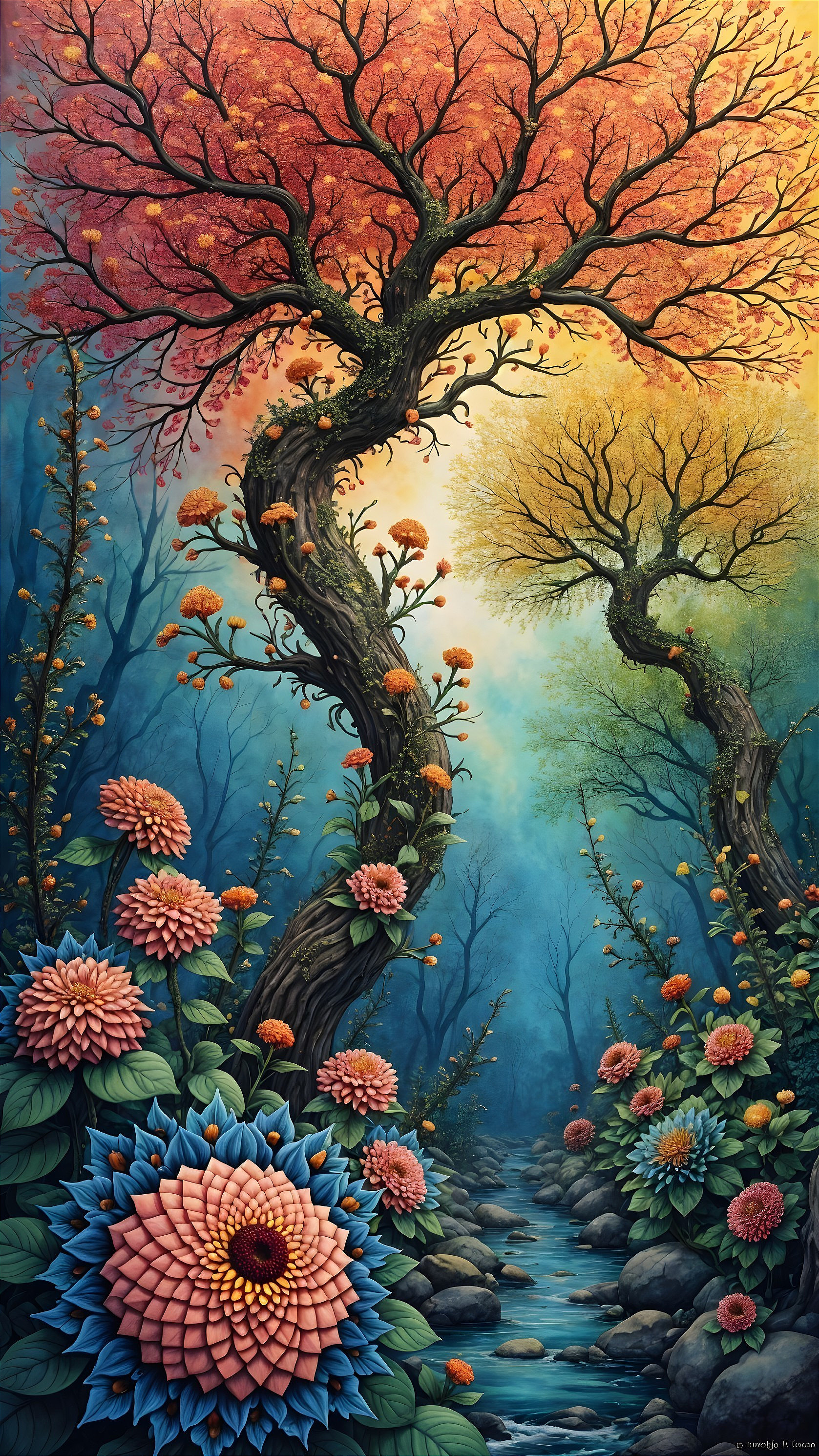 Serene Autumn Landscape with Vibrant Flora and Stream