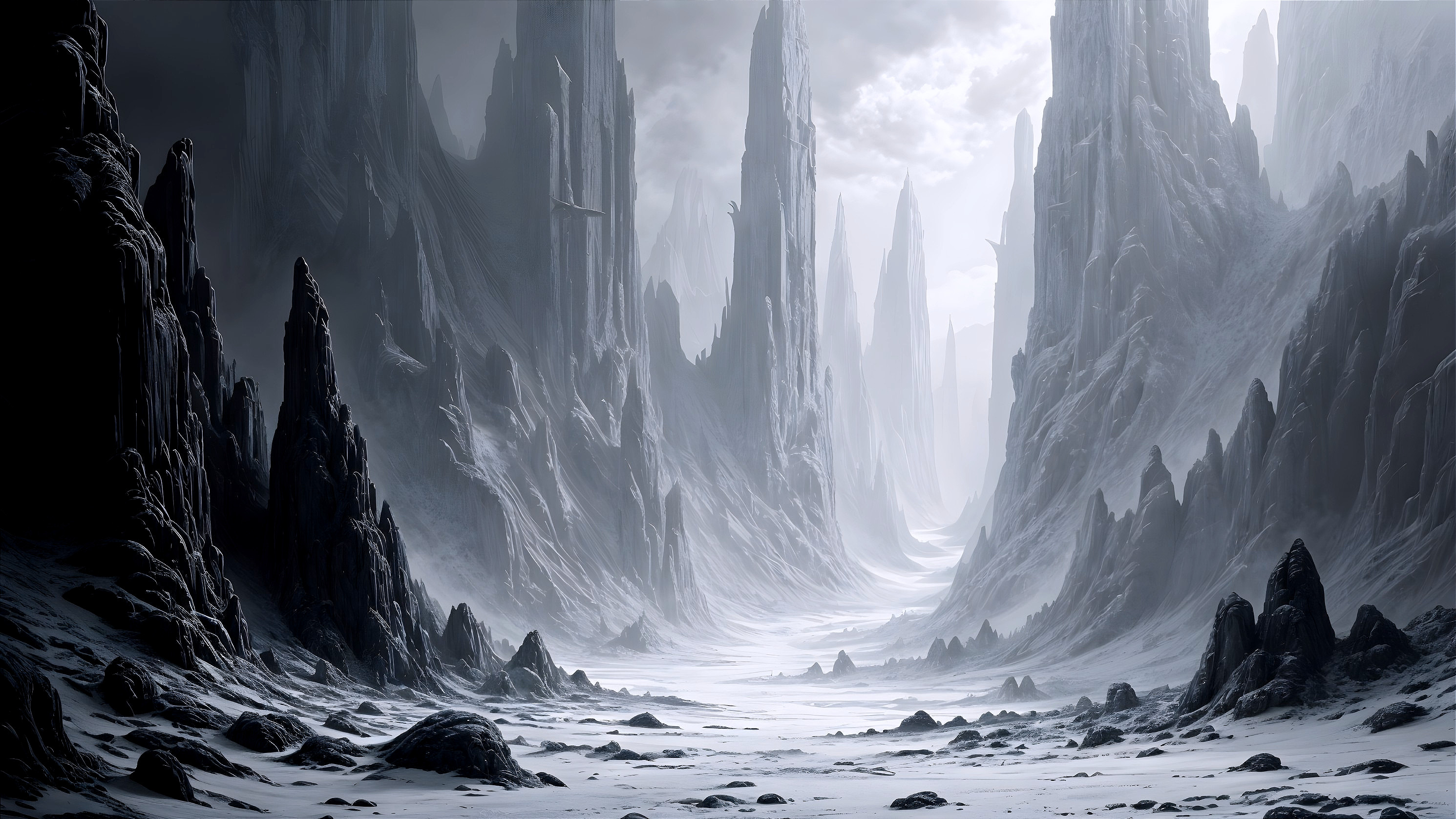 Desolate Landscape with Jagged Mountain Peaks and Mist