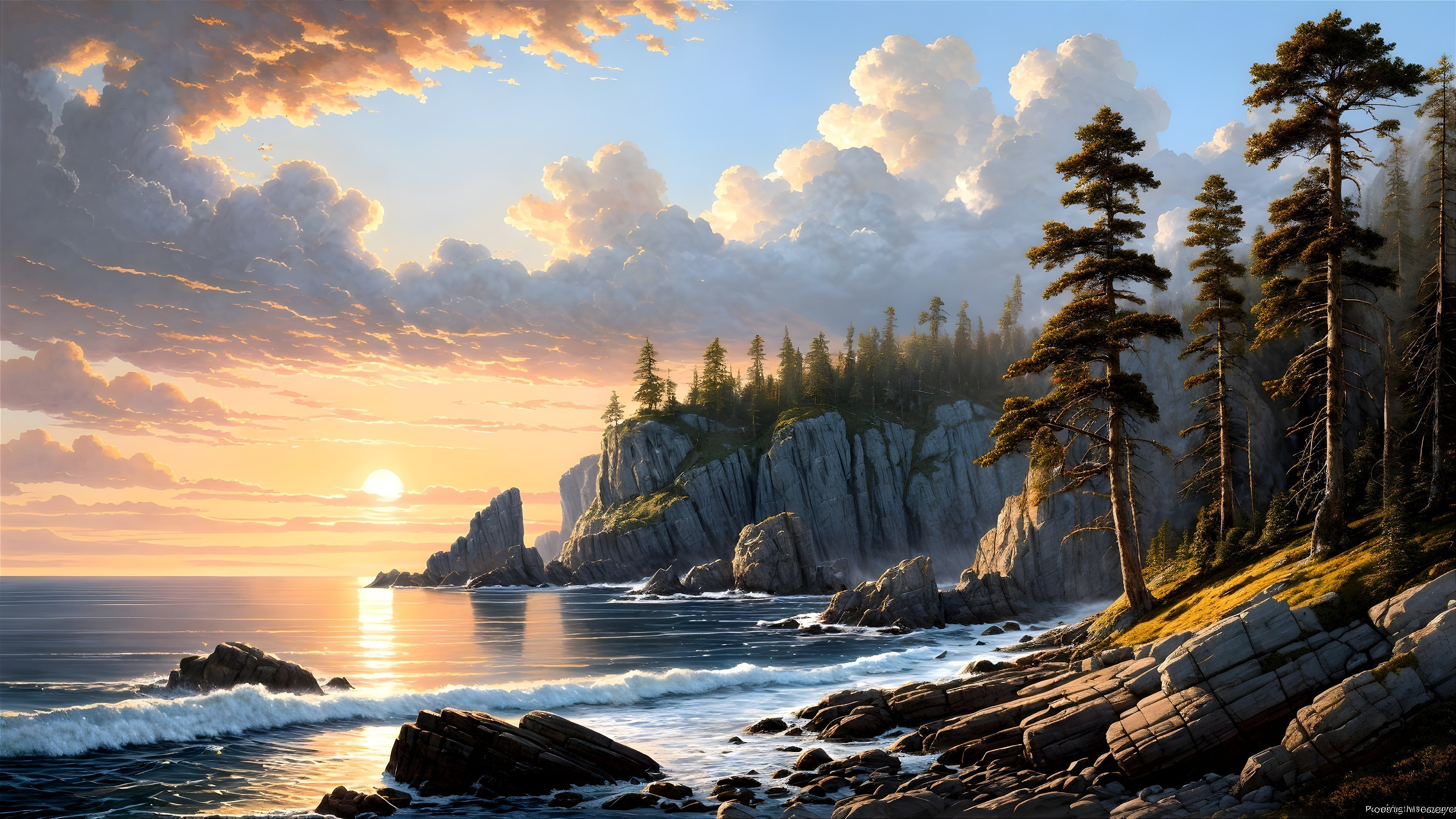 Coastal Landscape at Sunset with Cliffs and Pines