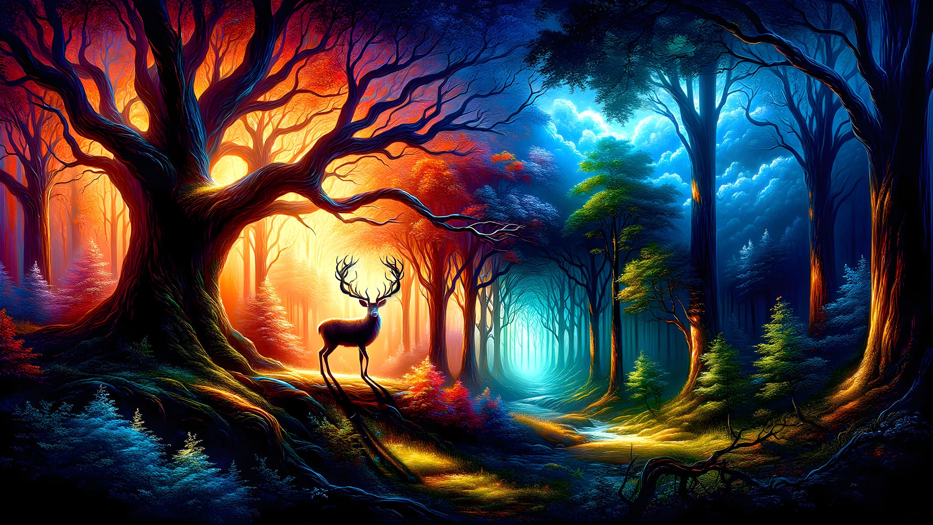 Vibrant Digital Art of Forest Scene with Deer