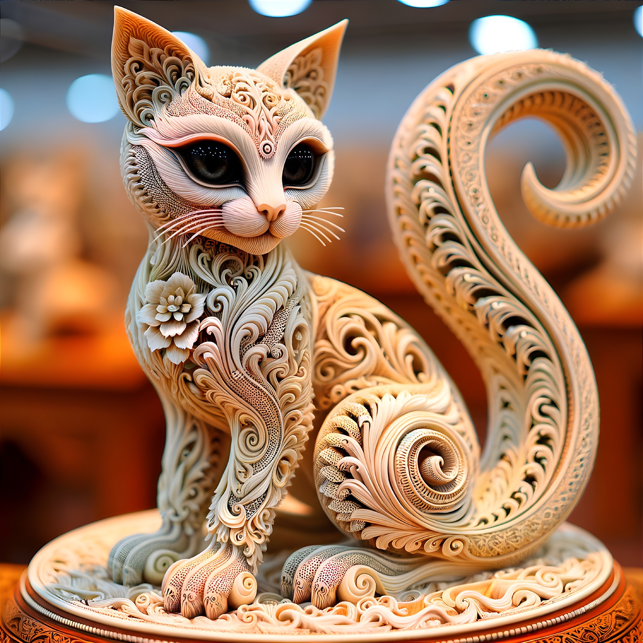 Intricately Designed Cat Figurine with Floral Motifs