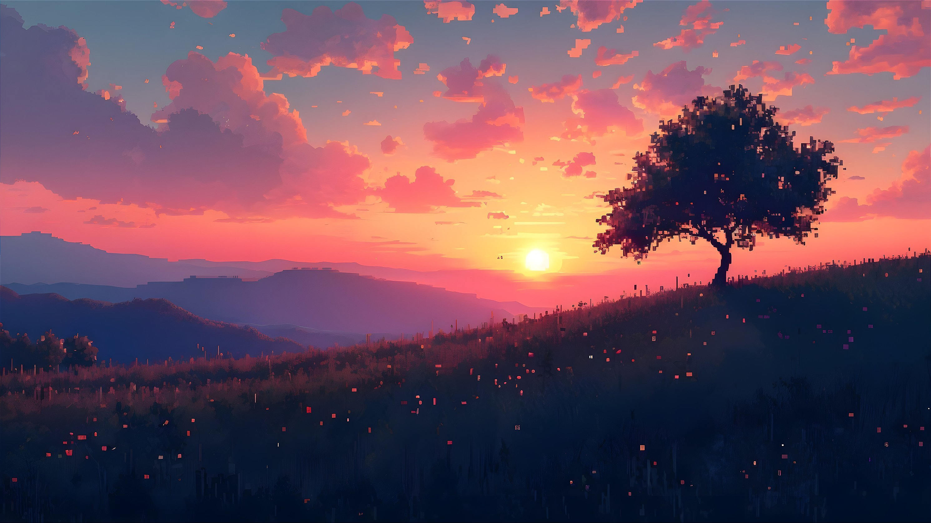 Serene Sunset Landscape with Tree and Distant Mountains
