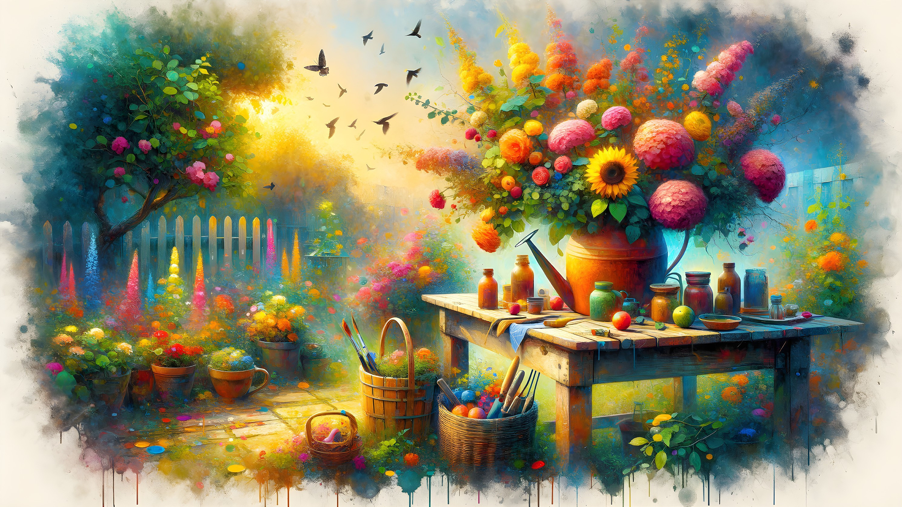 Vibrant Garden Scene with Blooming Flowers and Tools