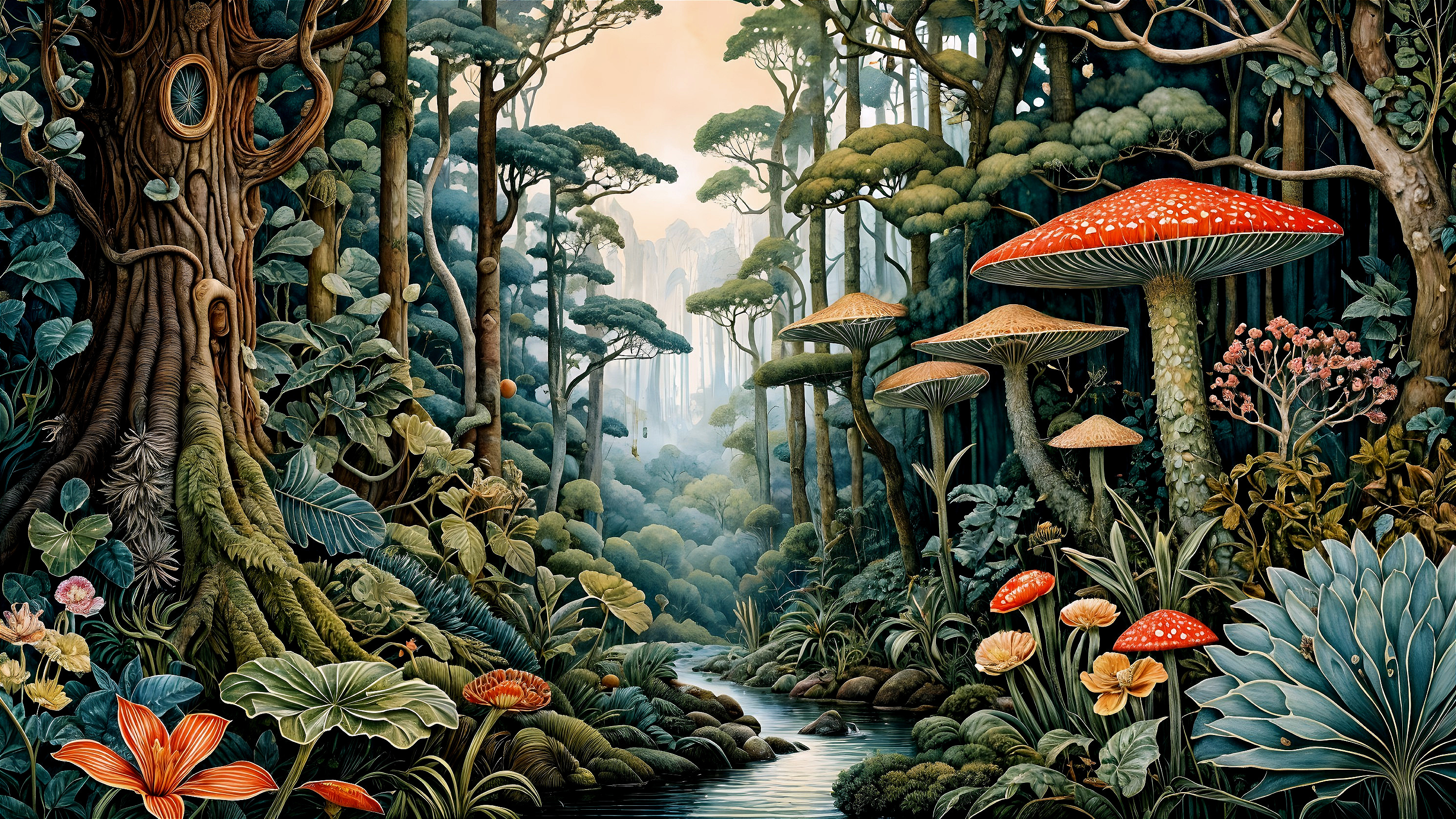 Lush Forest Scene with Vibrant Foliage and Stream