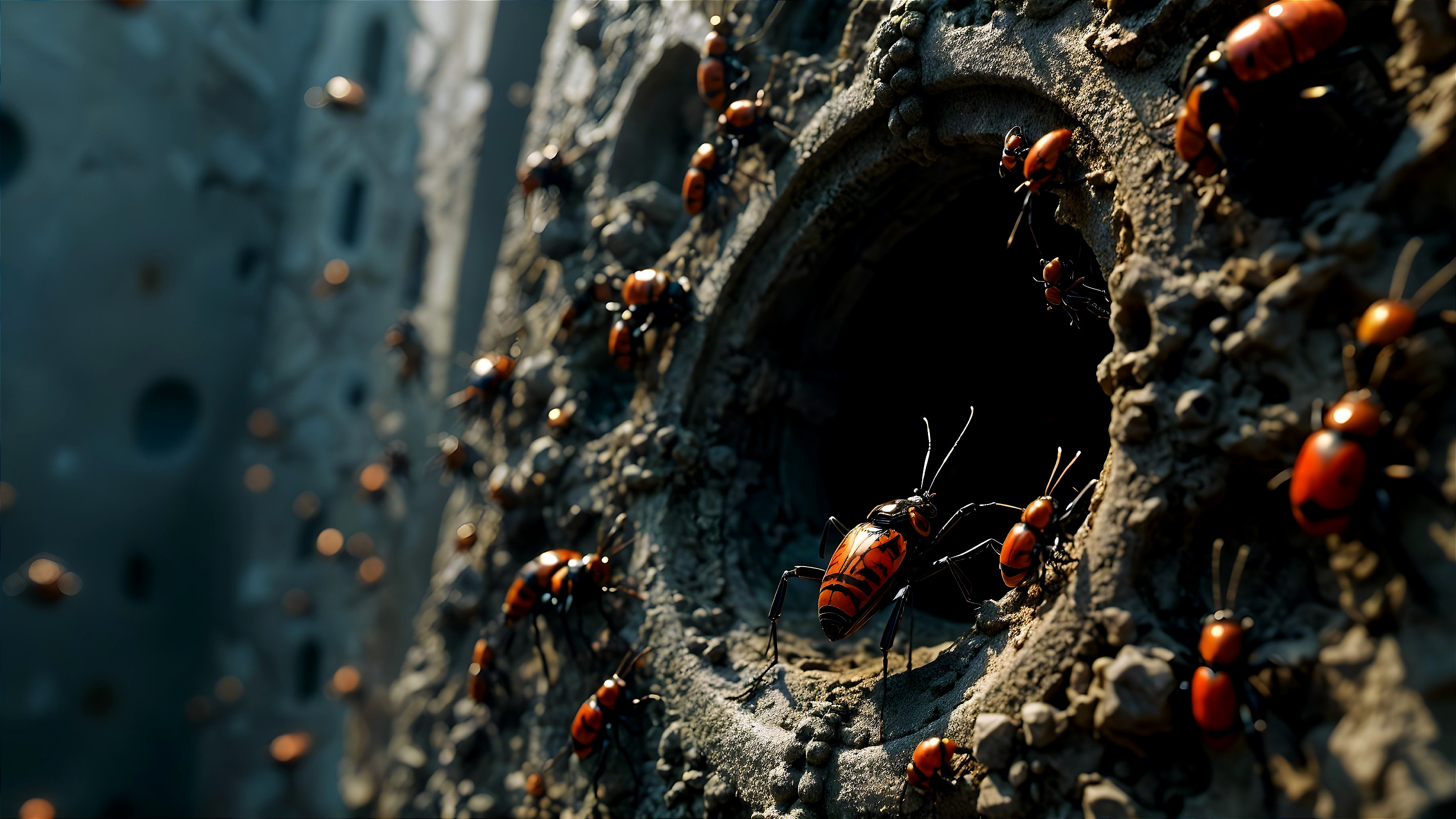 Close-up of textured surface with orange and black insects