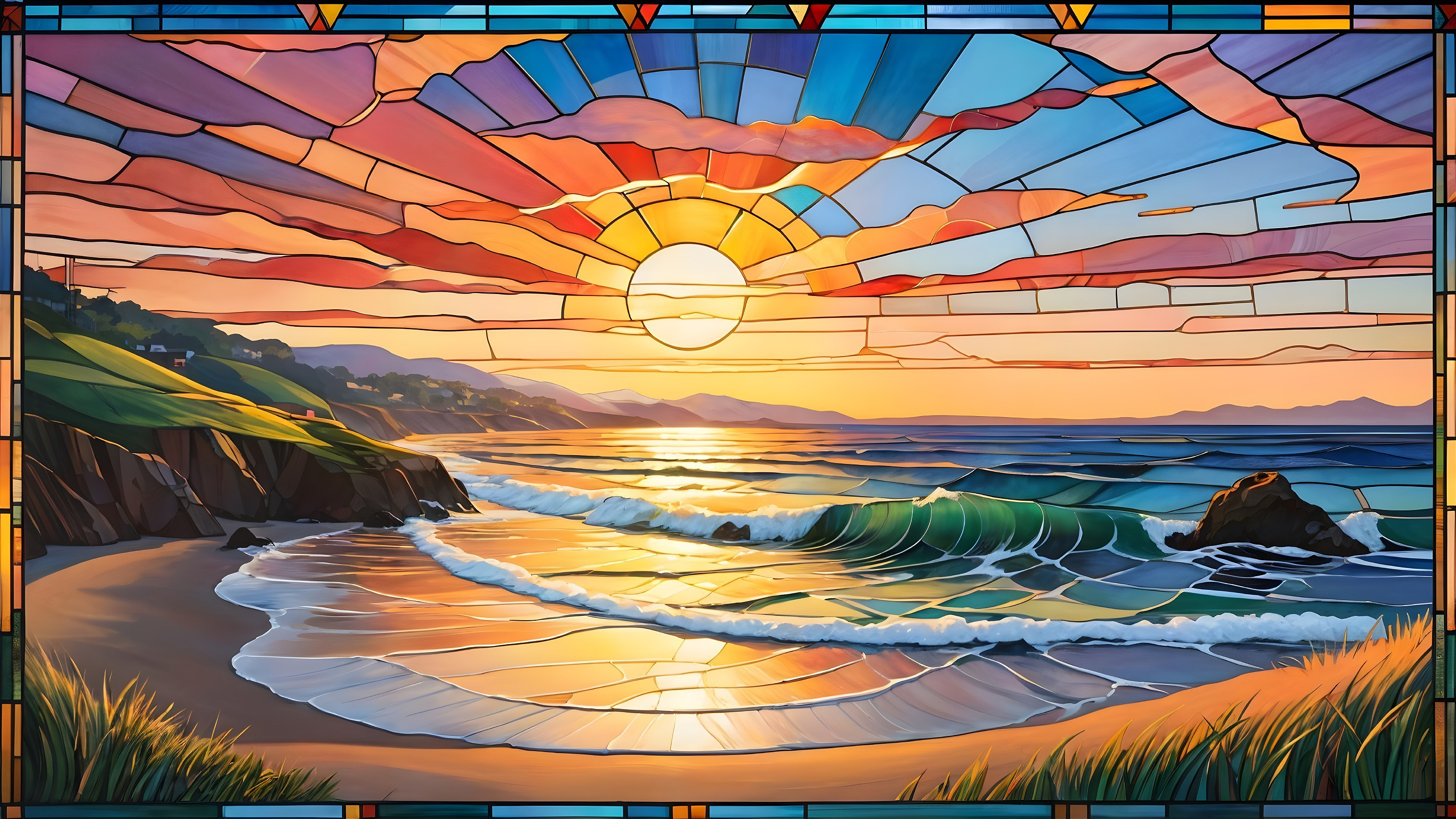 Vibrant Stained Glass Window of Coastal Sunset Scene