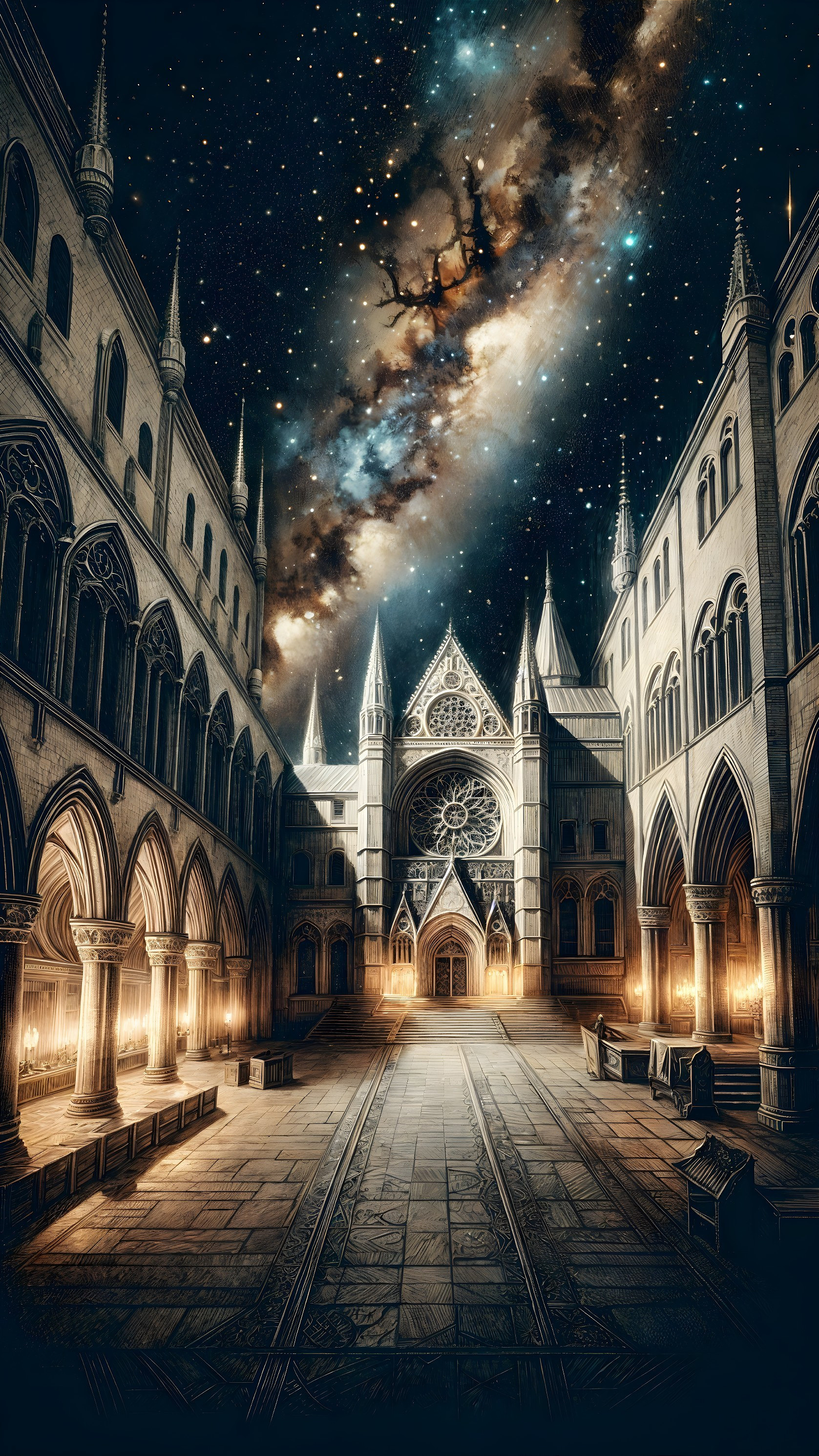 Gothic Courtyard with Cosmic Galaxy and Ethereal Light