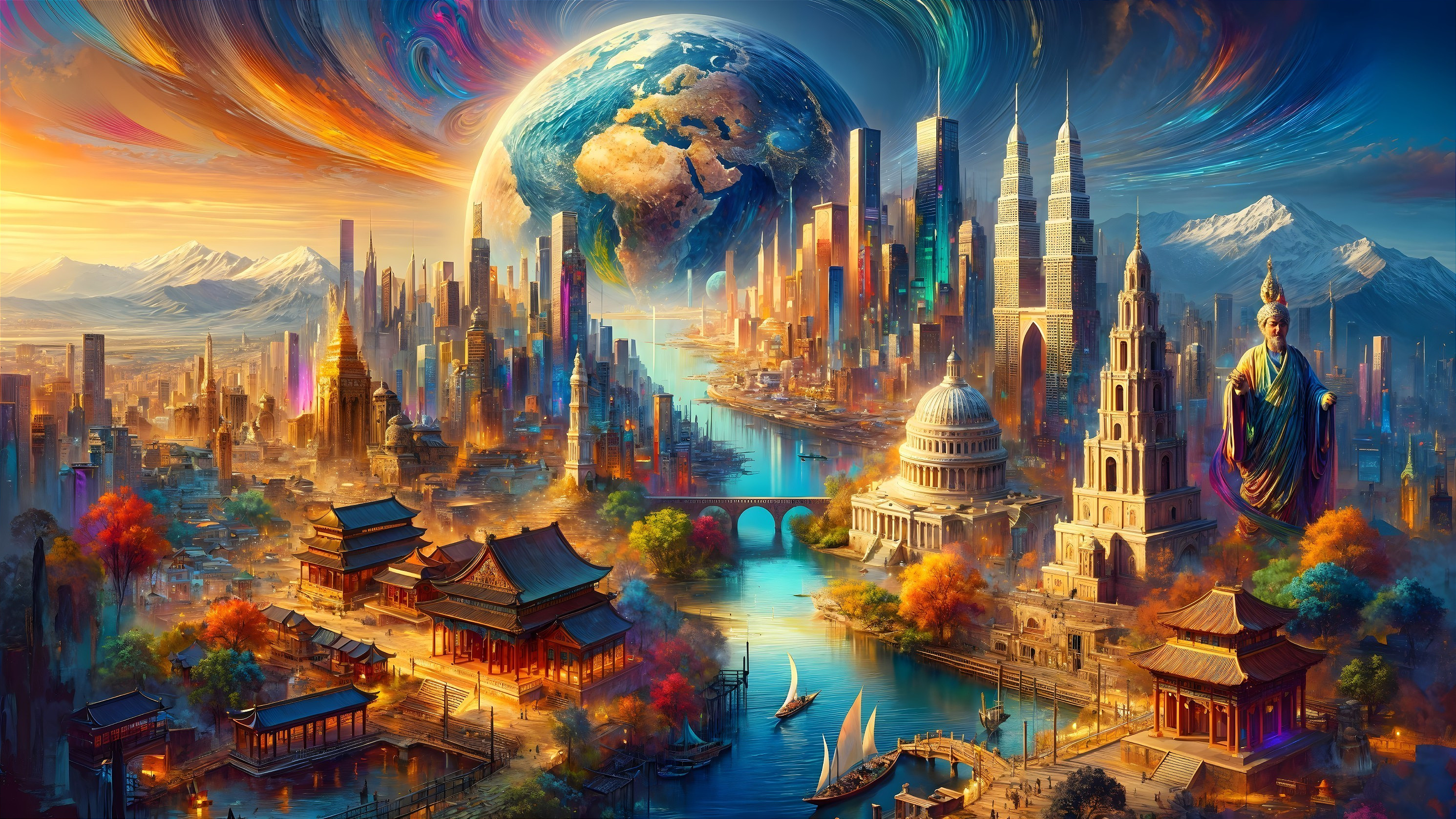 Futuristic Cityscape with Traditional Architecture and Nature
