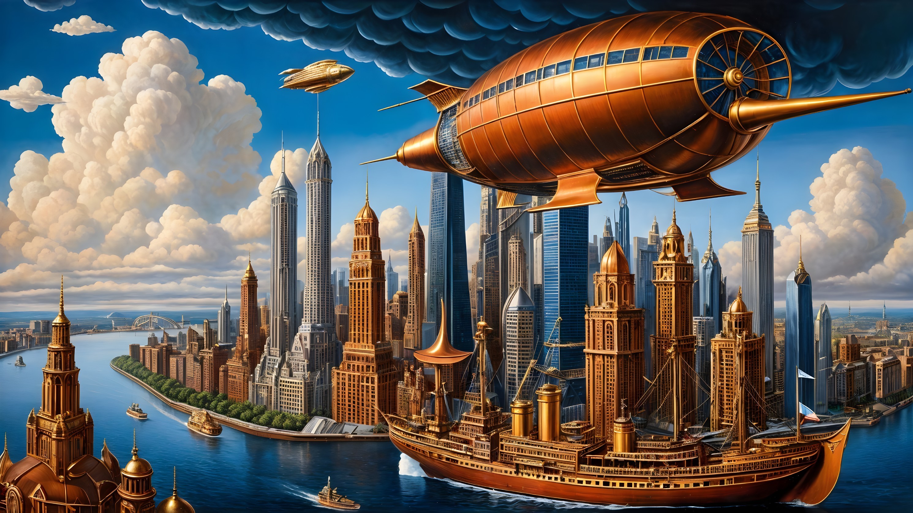 Fantastical cityscape with skyscrapers and zeppelin
