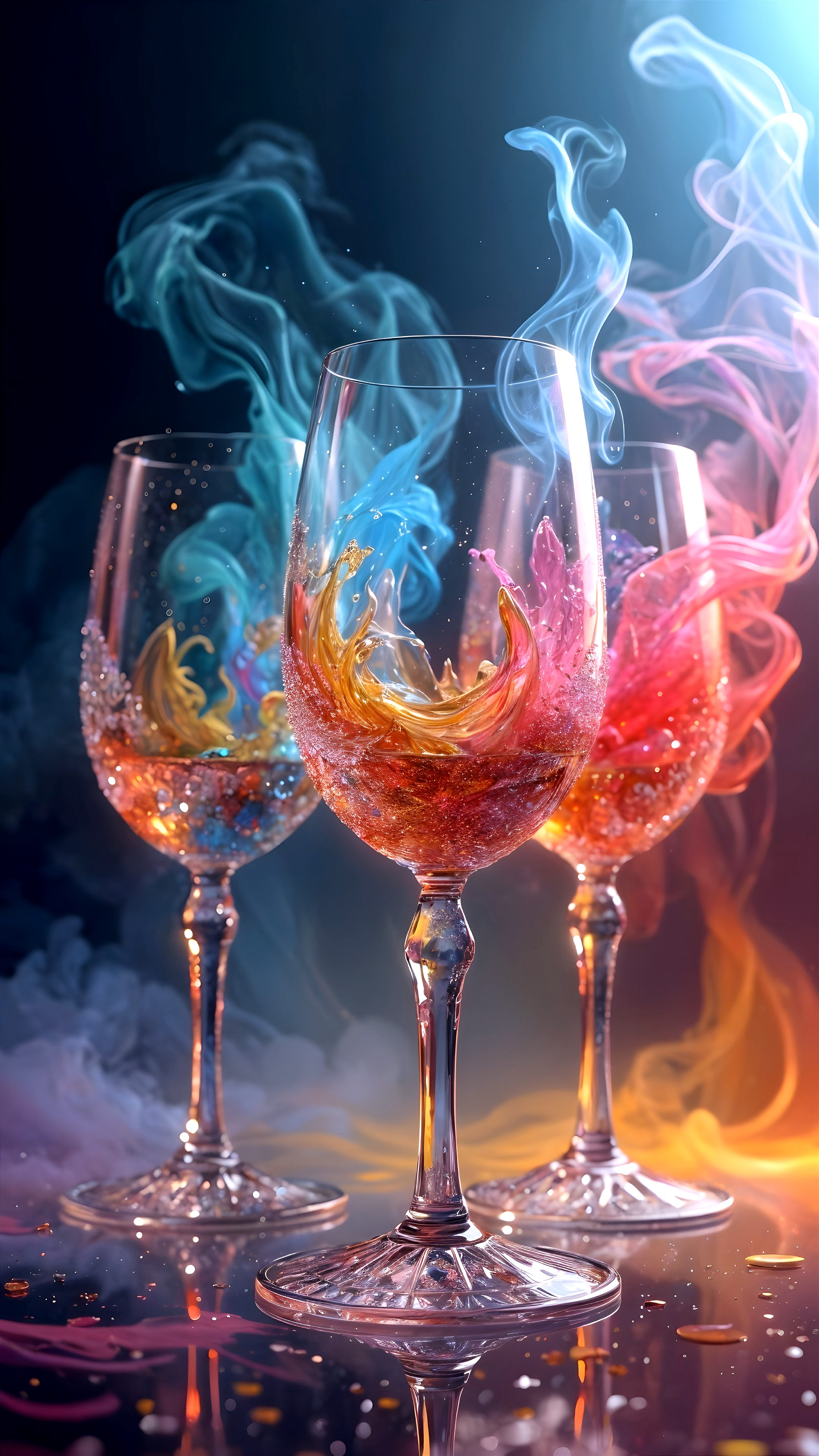 Elegant wine glasses with colorful liquids and smoke