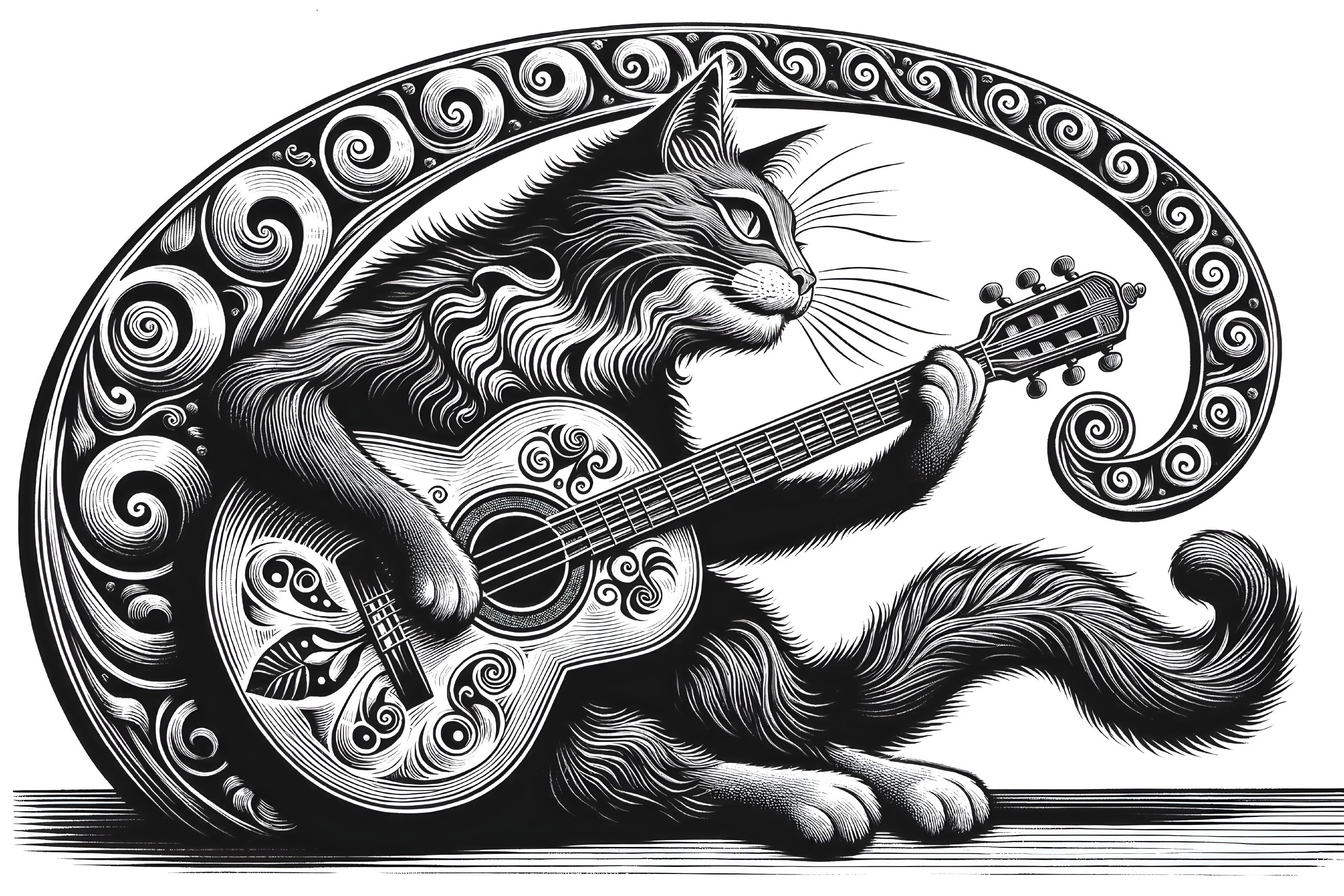 Whimsical Cat Illustration with Guitar and Swirl Background