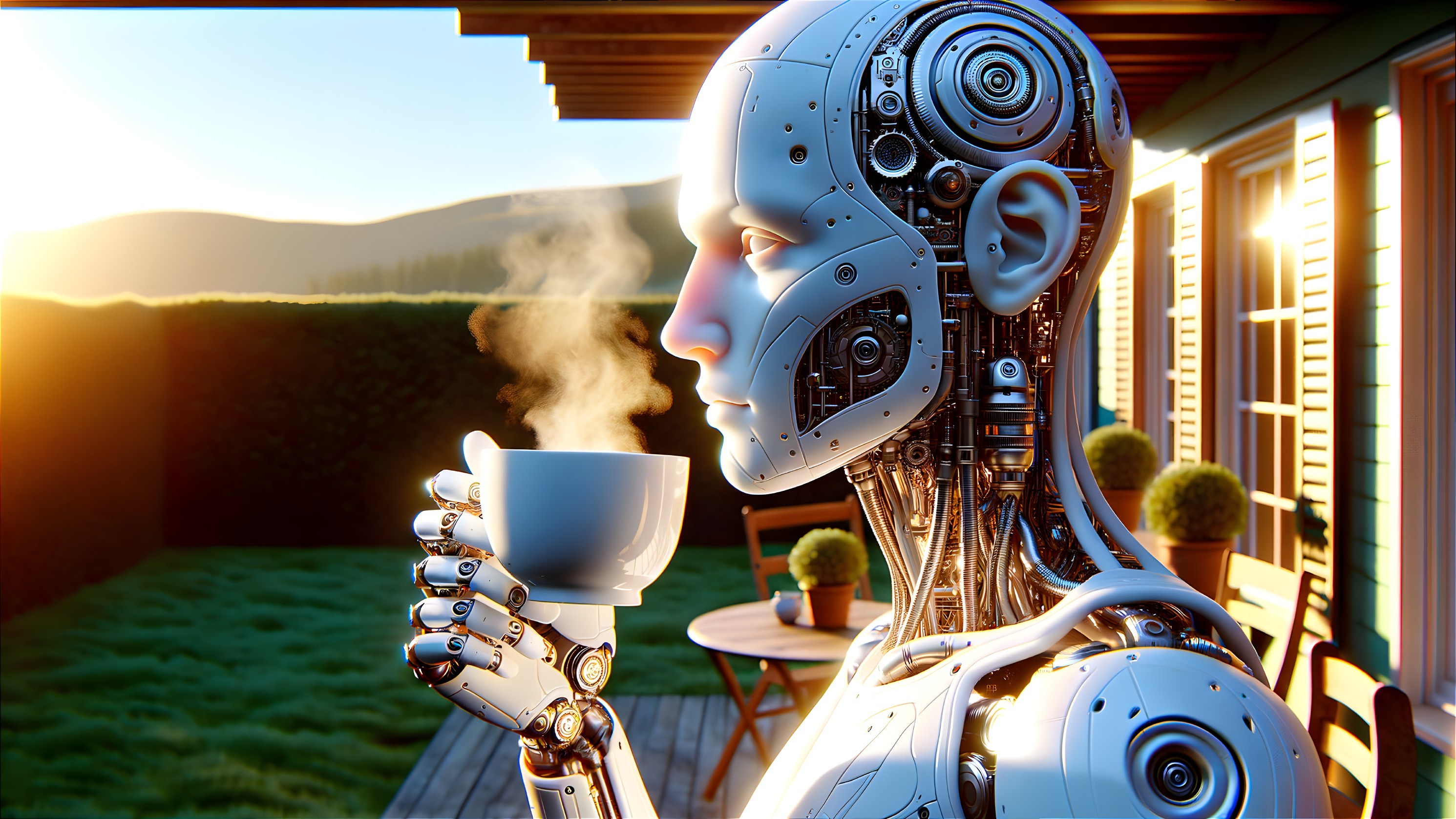 Futuristic robot with coffee in serene garden setting