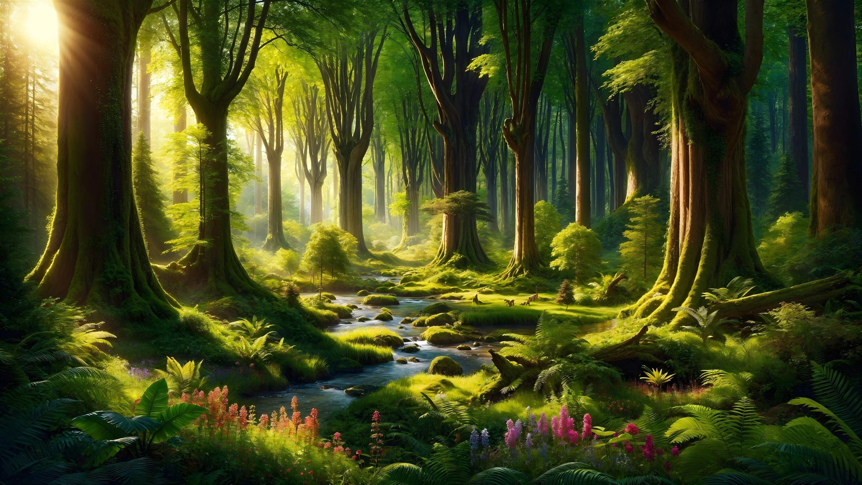 Serene forest scene with golden light and wildflowers