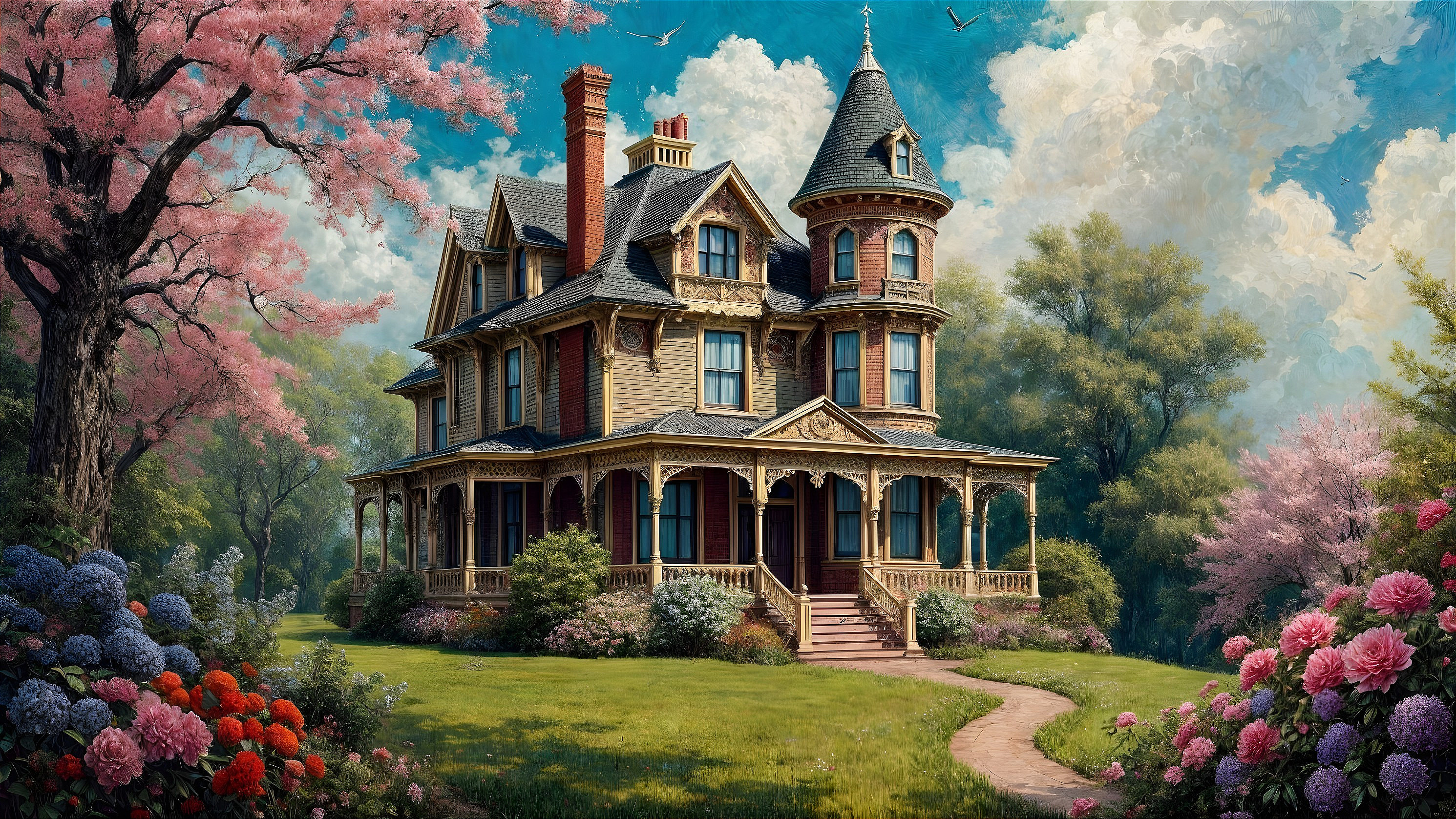 Victorian Mansion Surrounded by Lush Gardens and Clouds