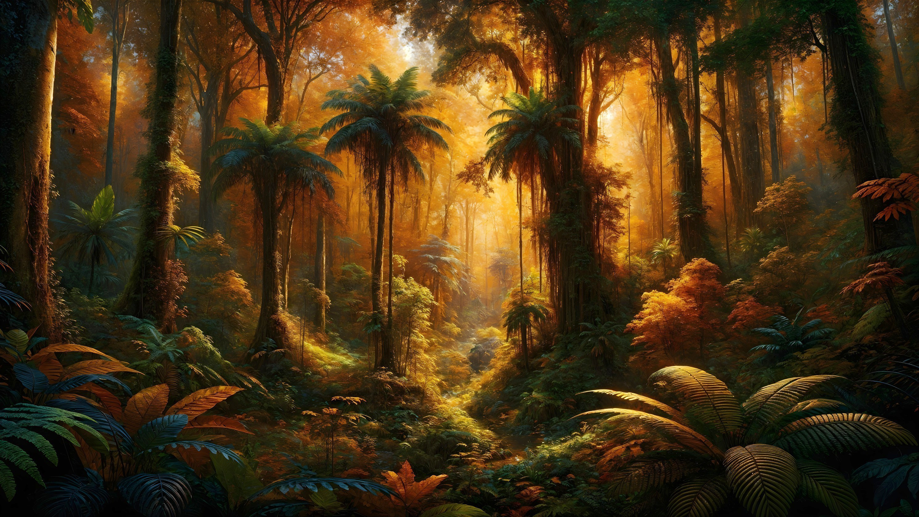 Lush Forest Scene with Golden Light and Tropical Plants