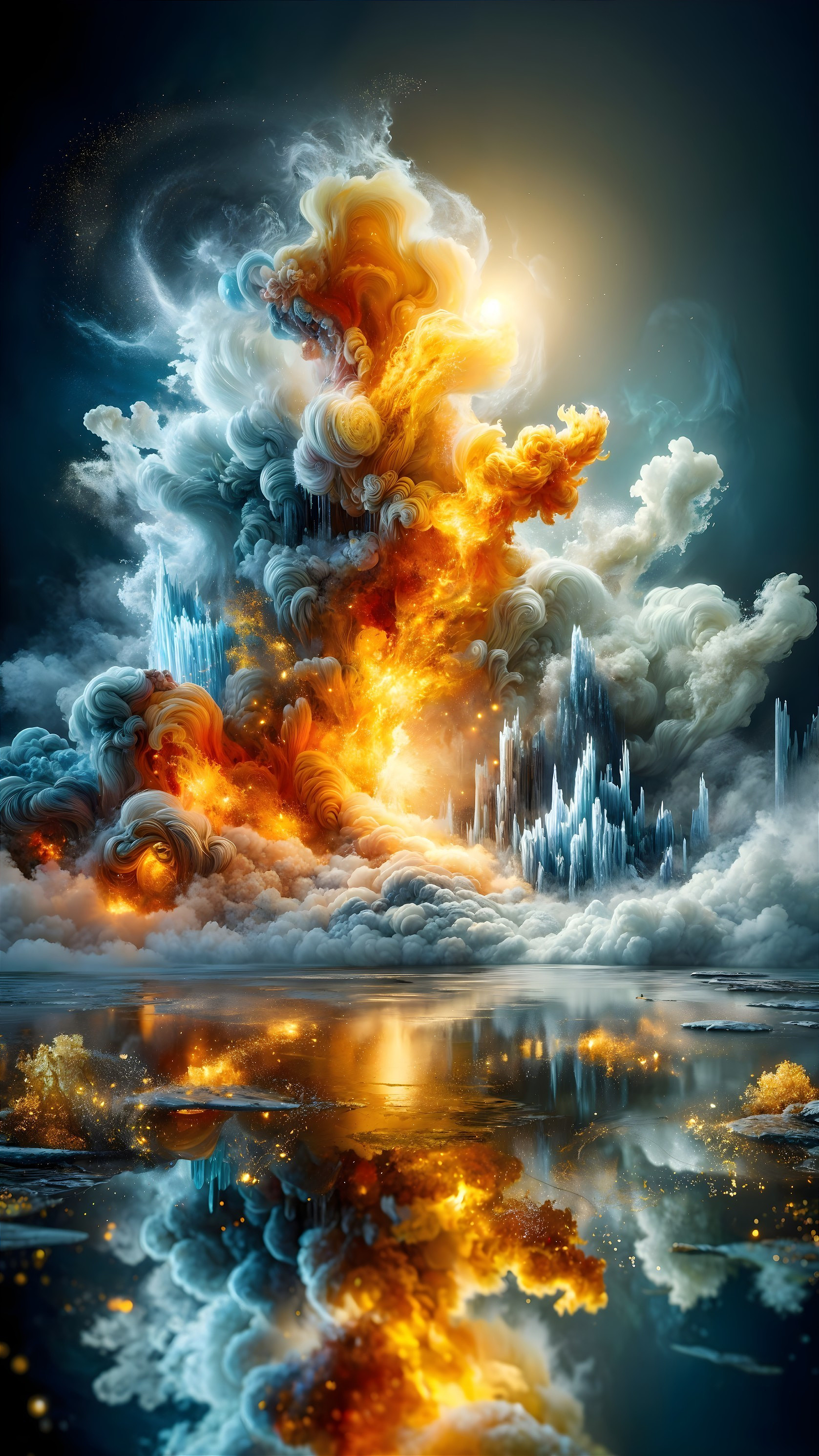Dramatic Landscape of Fiery Clouds and Crystal Formations