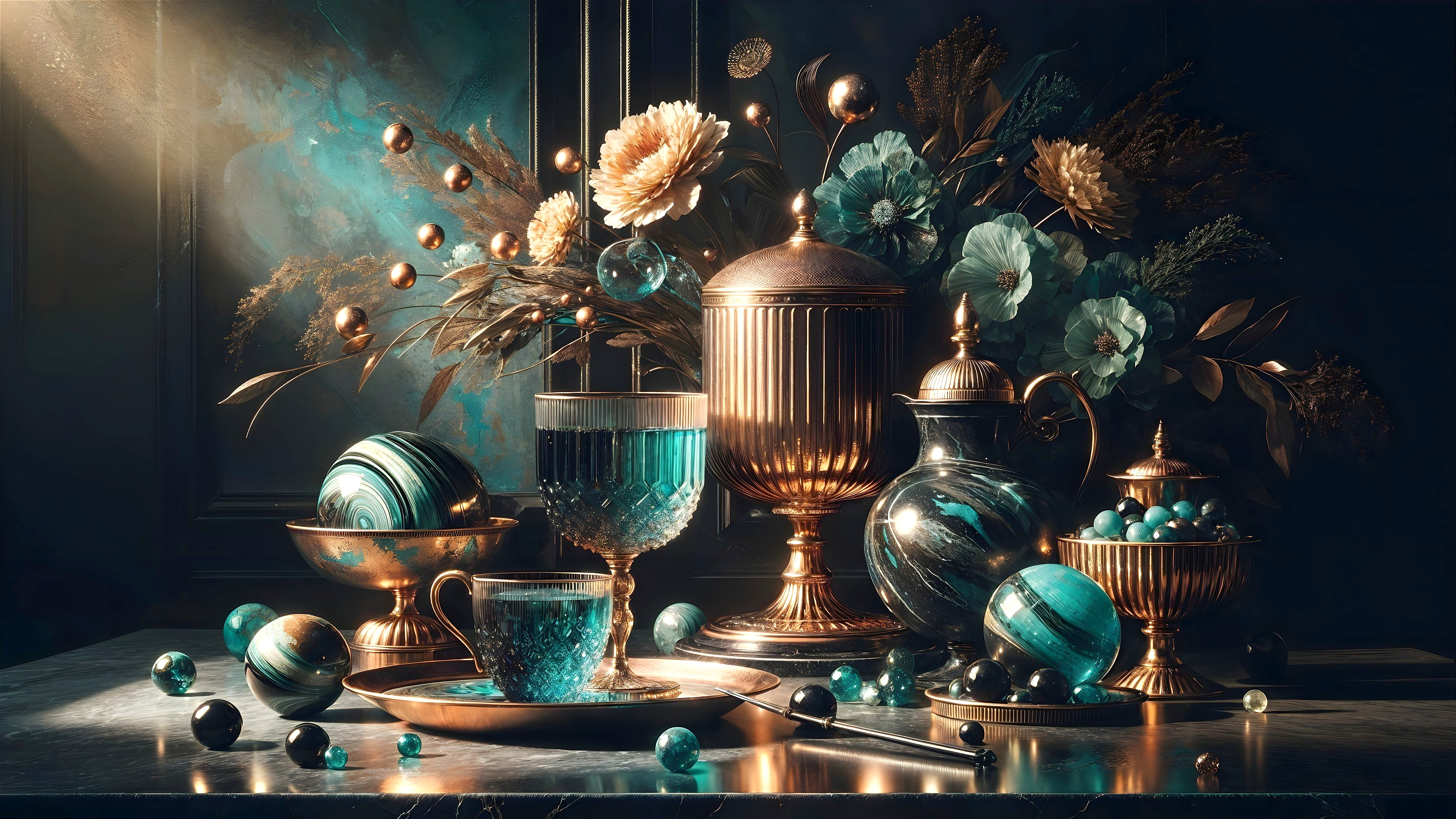 Elegant Still Life with Glassware and Metallic Objects