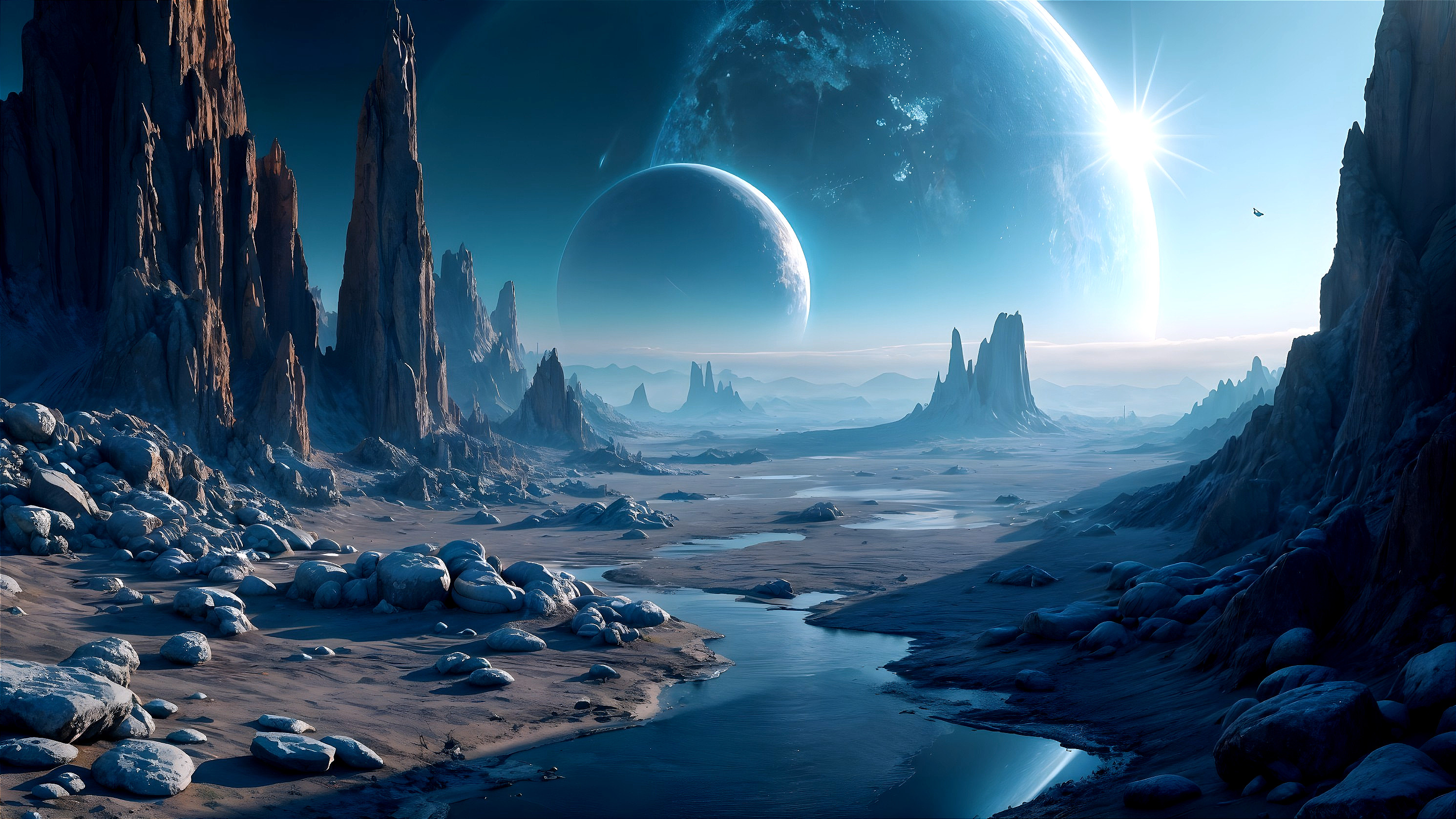 Alien Landscape with Rock Formations and Planets