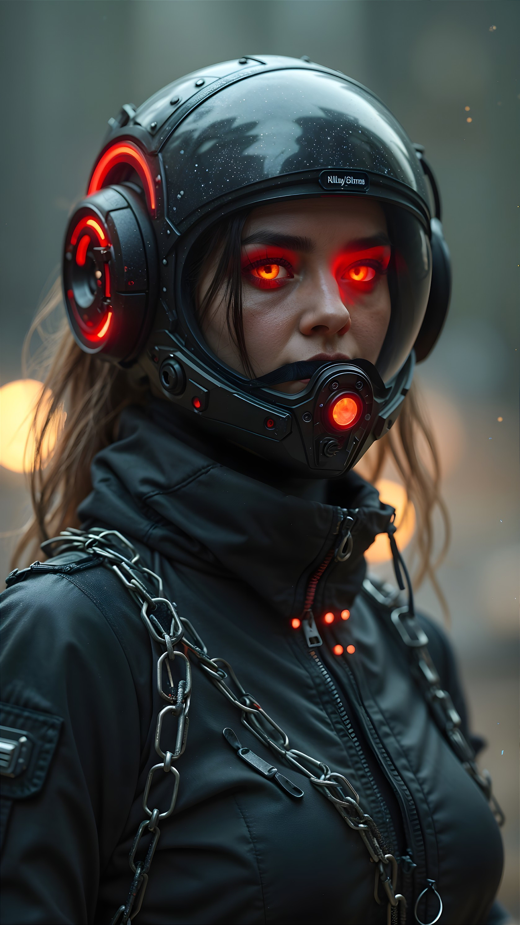 Futuristic Woman in Black Helmet and Rebellious Attire