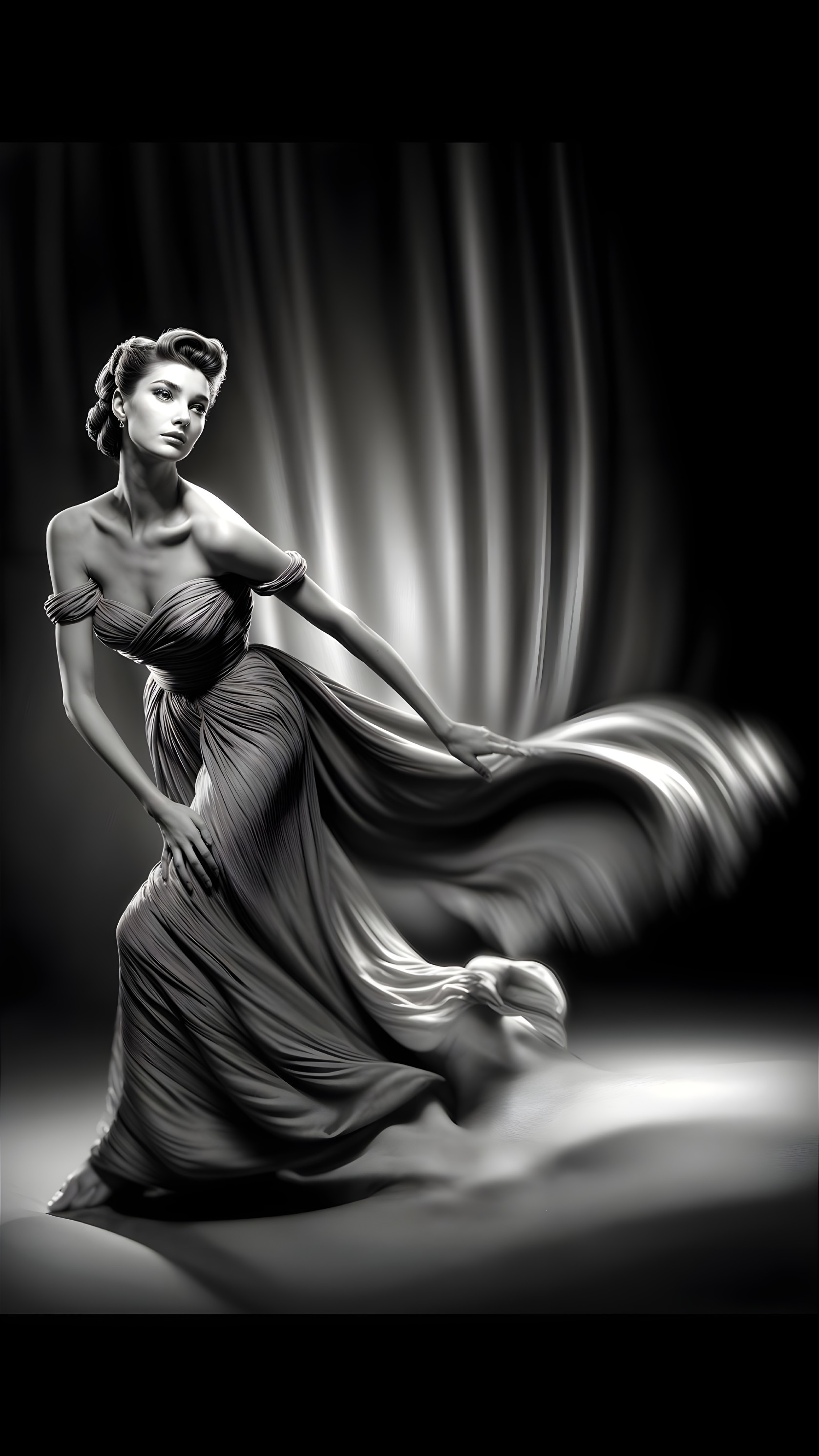 Black and white image of a graceful female figure in gown