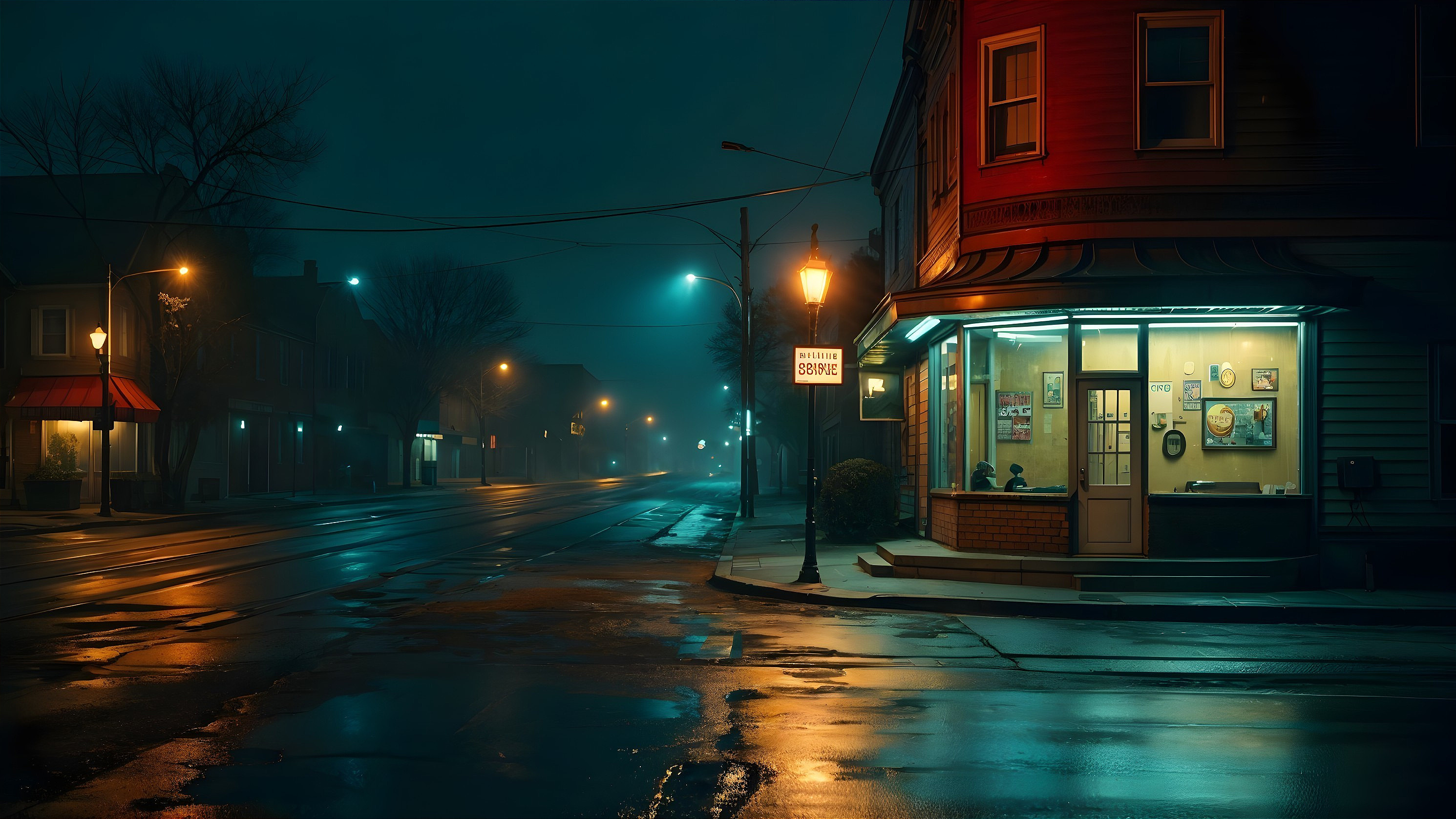 Misty Night Street with Vintage Storefront Lighting