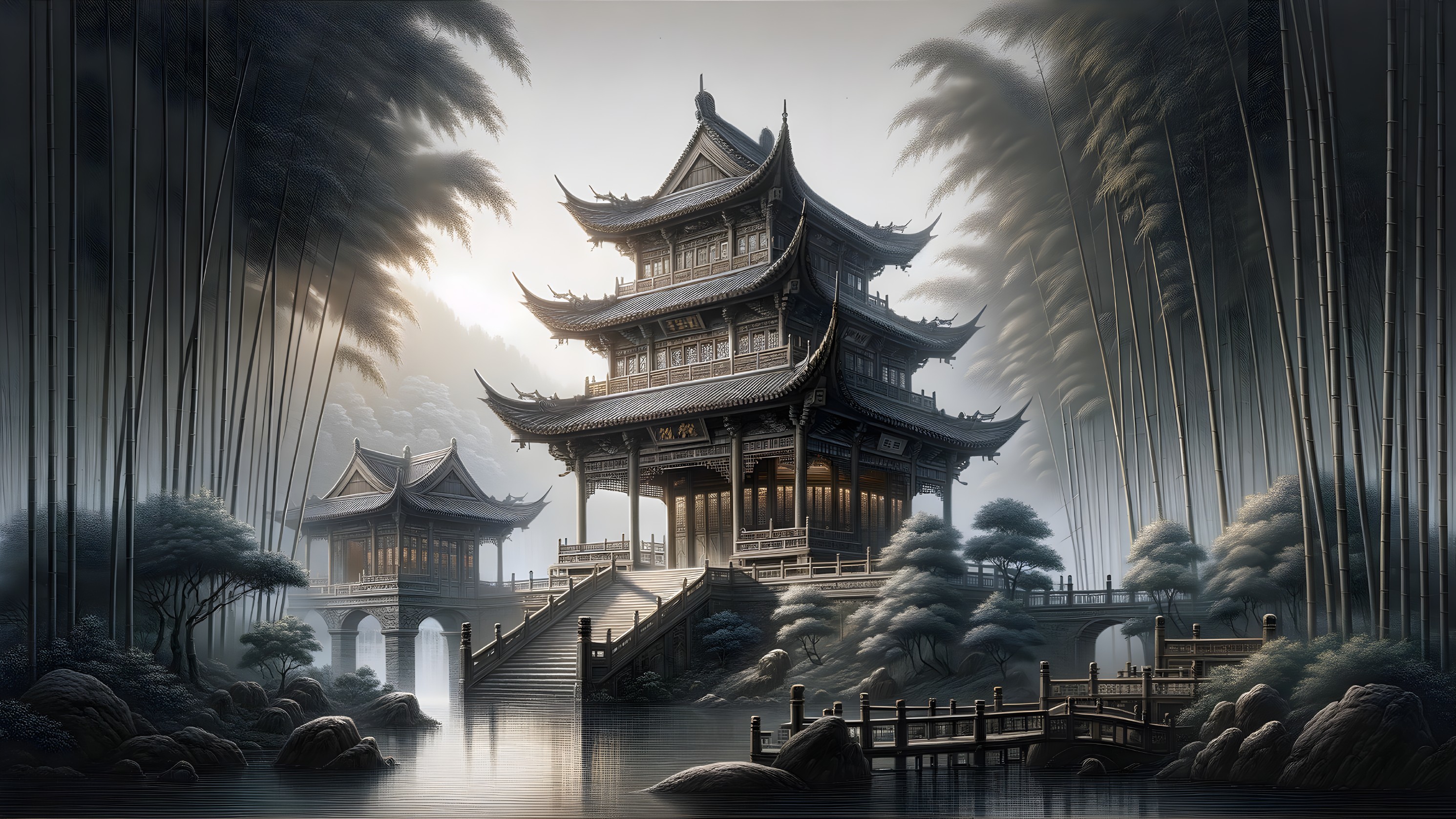 Serene Landscape with Pagoda and Bamboo Trees