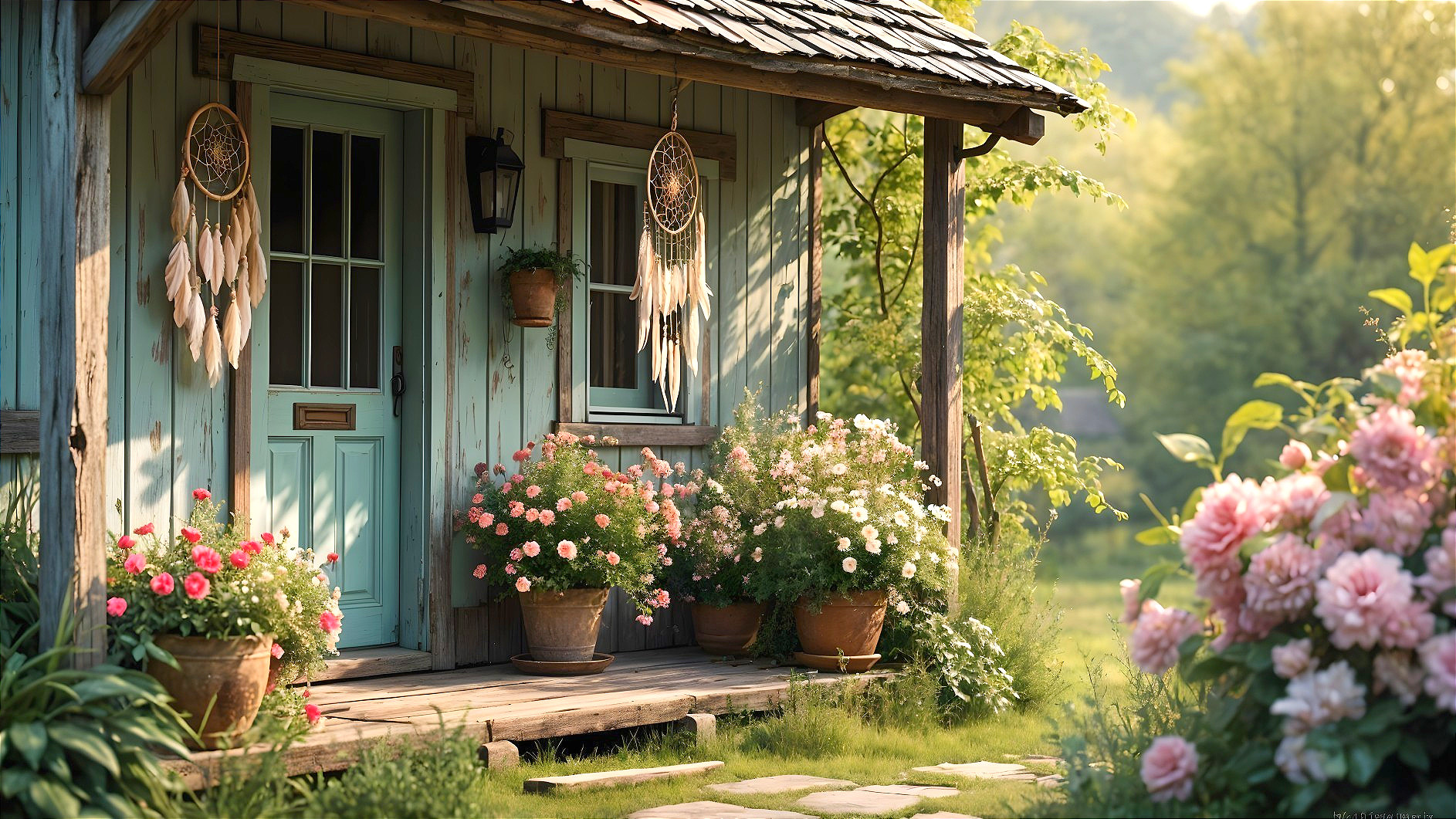 Rustic cottage with blue door and vibrant garden scene