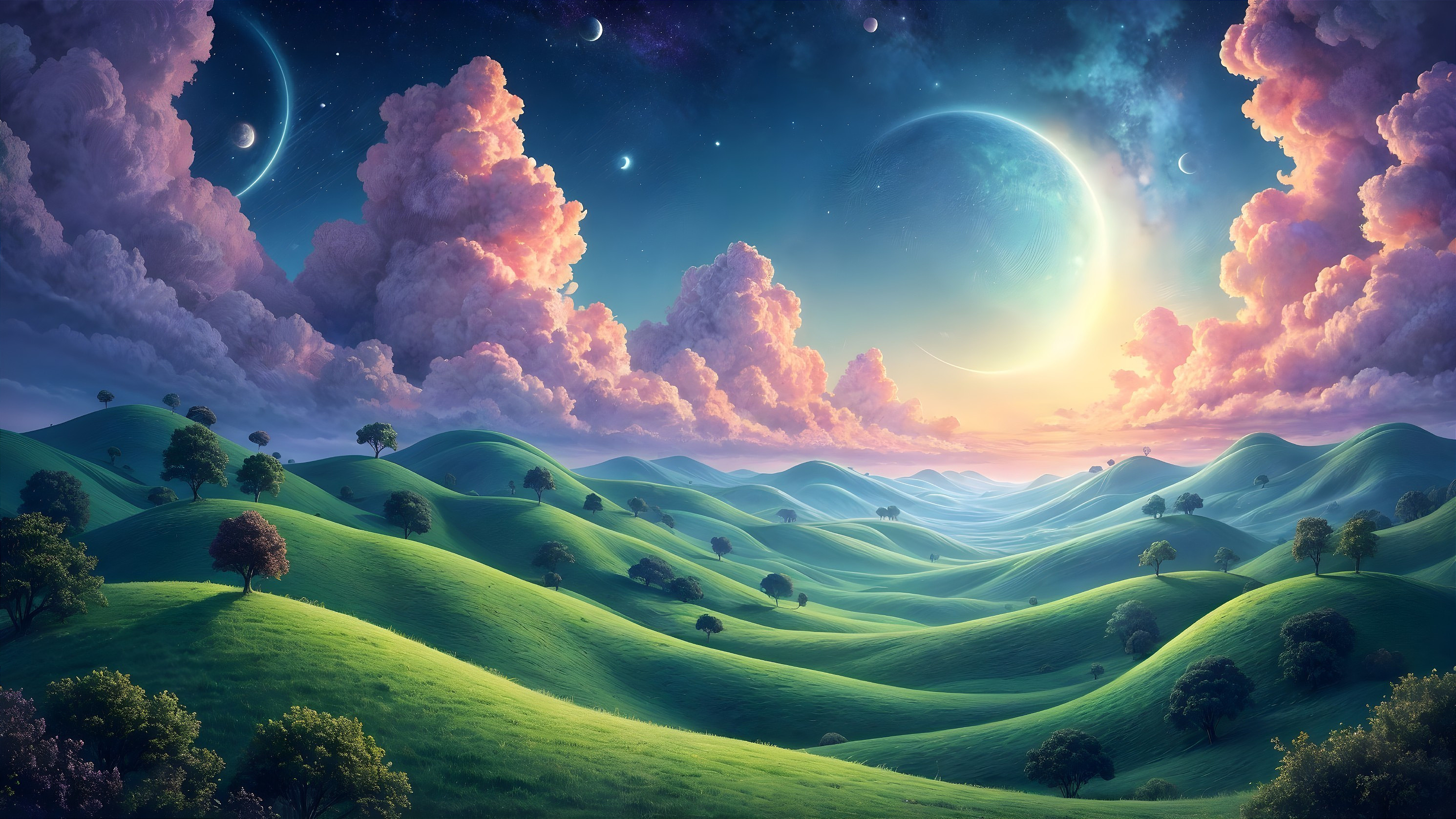 Surreal Landscape with Green Hills and Pastel Sky