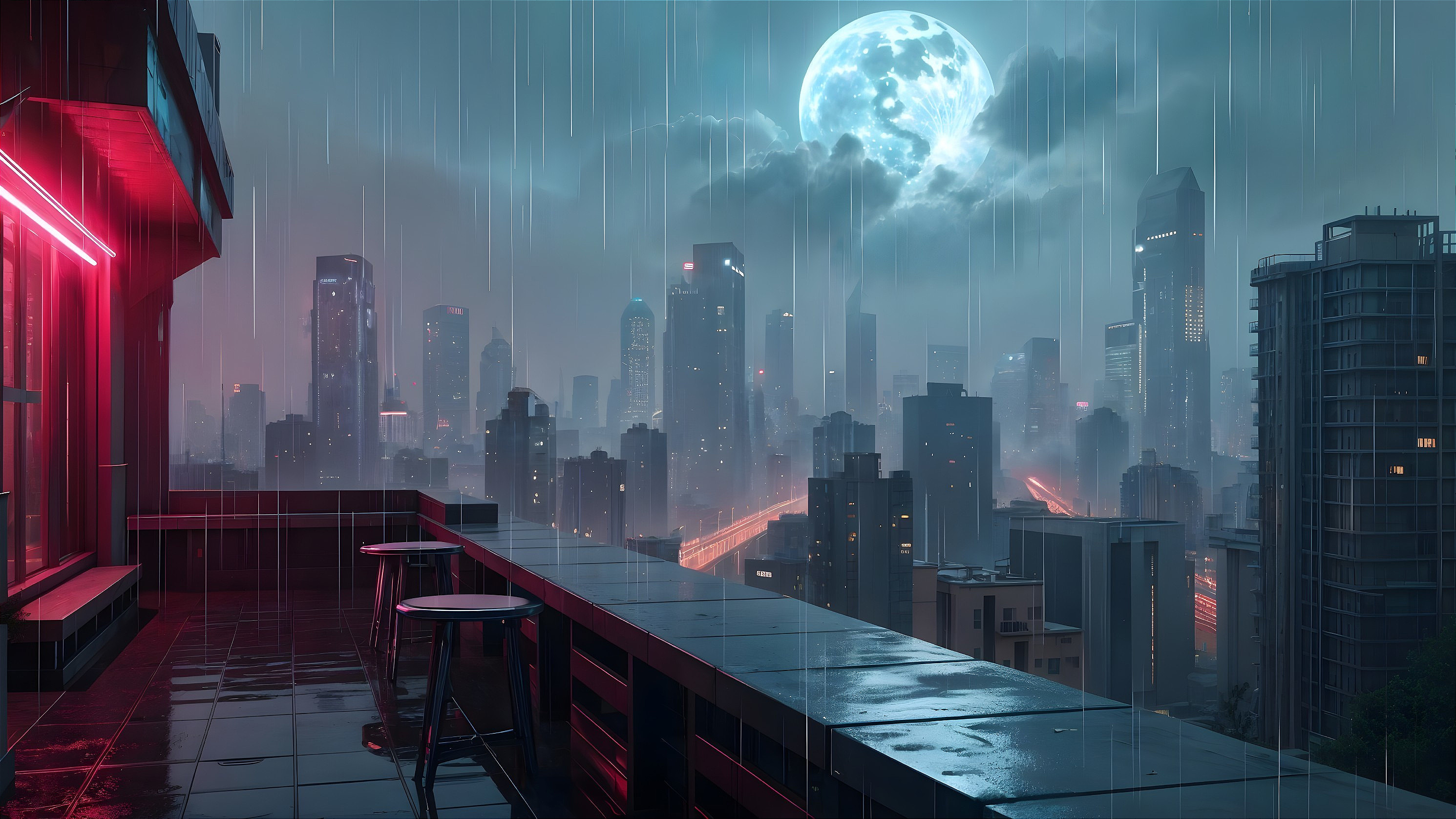 City Skyline at Night with Rain and Neon Lights
