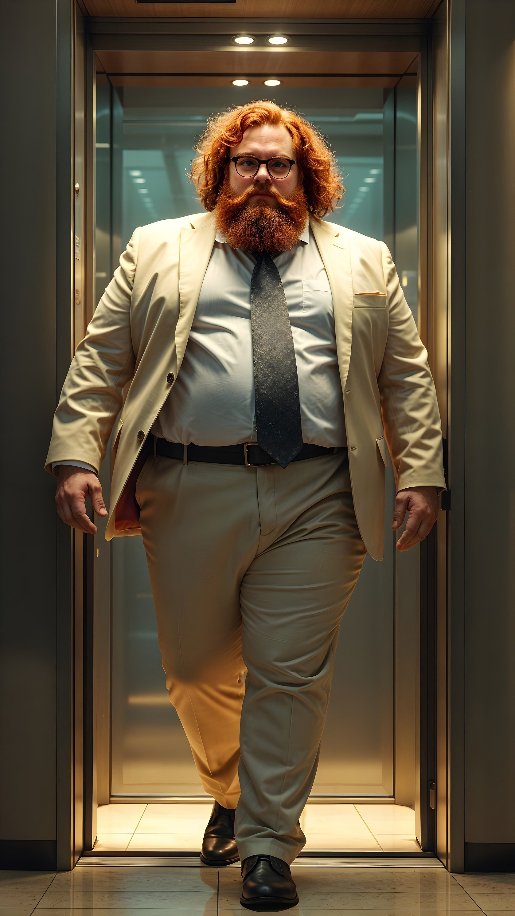 Confident Man in Beige Suit Exiting Modern Elevator