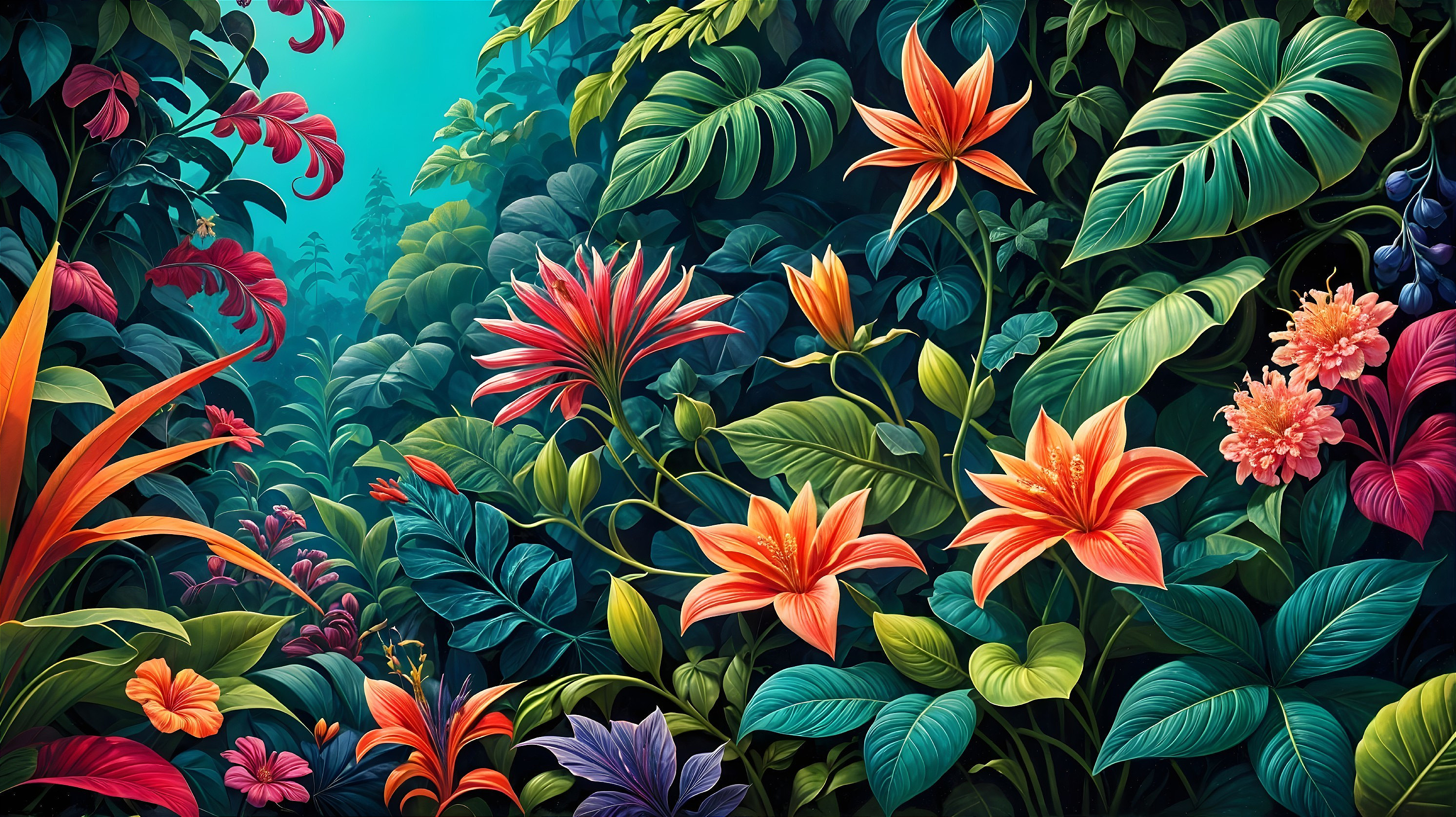 Vibrant Jungle Scene with Colorful Foliage and Flowers