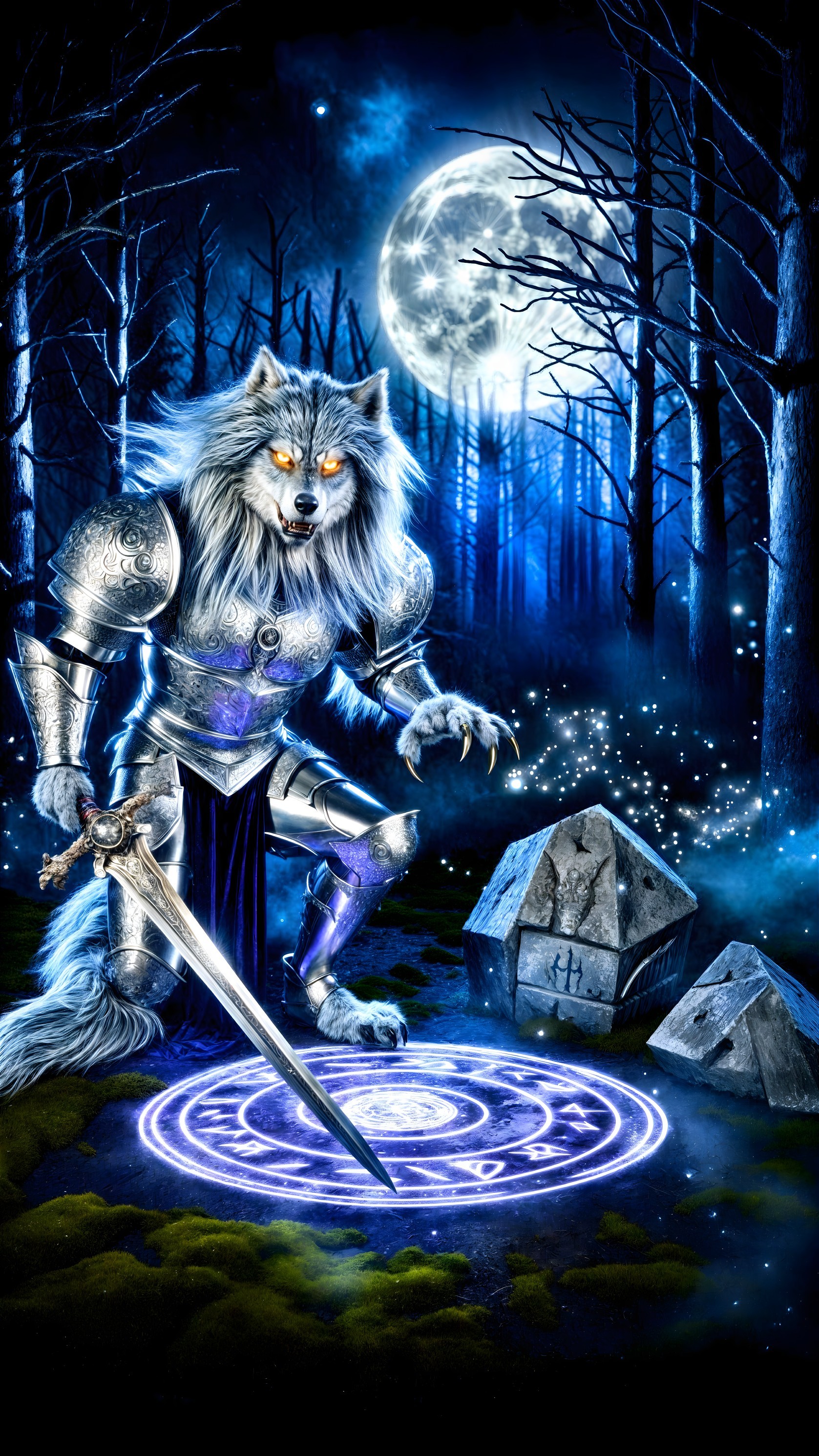 Armored Wolf in Mystical Forest with Rune Circle