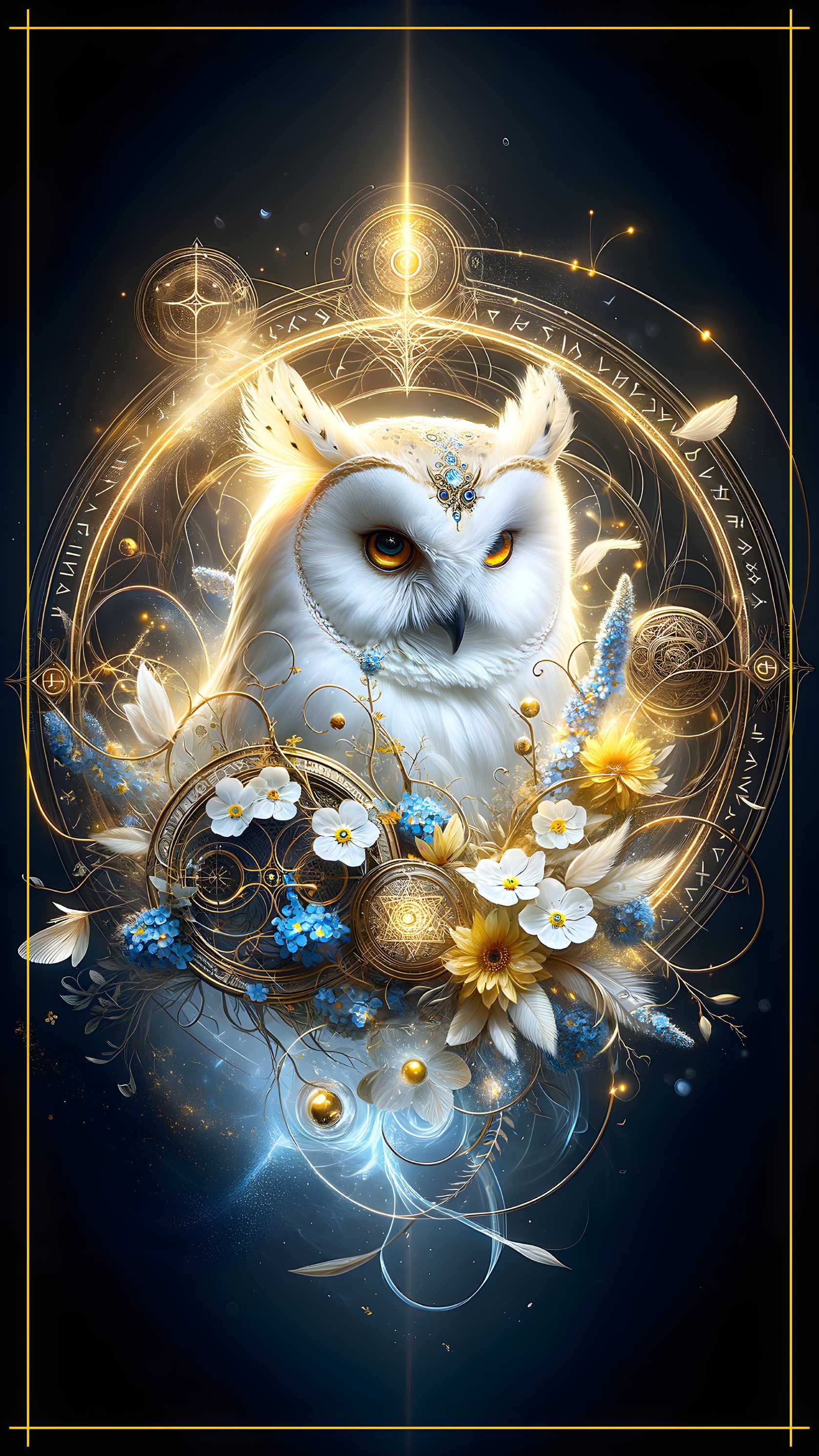 White Owl with Celestial Designs on Blue Background