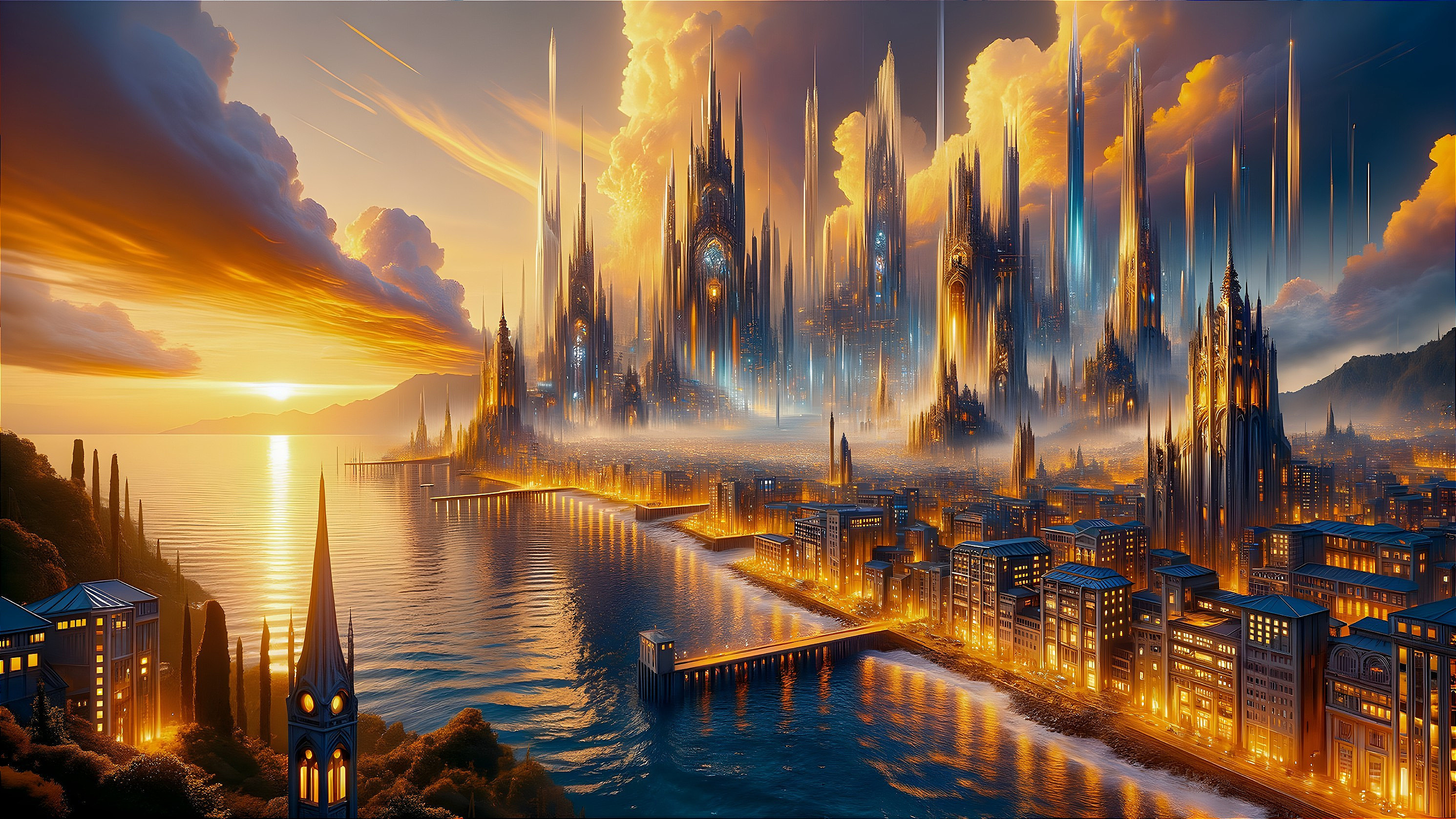 Cityscape at Sunset with Reflections and Lush Greenery