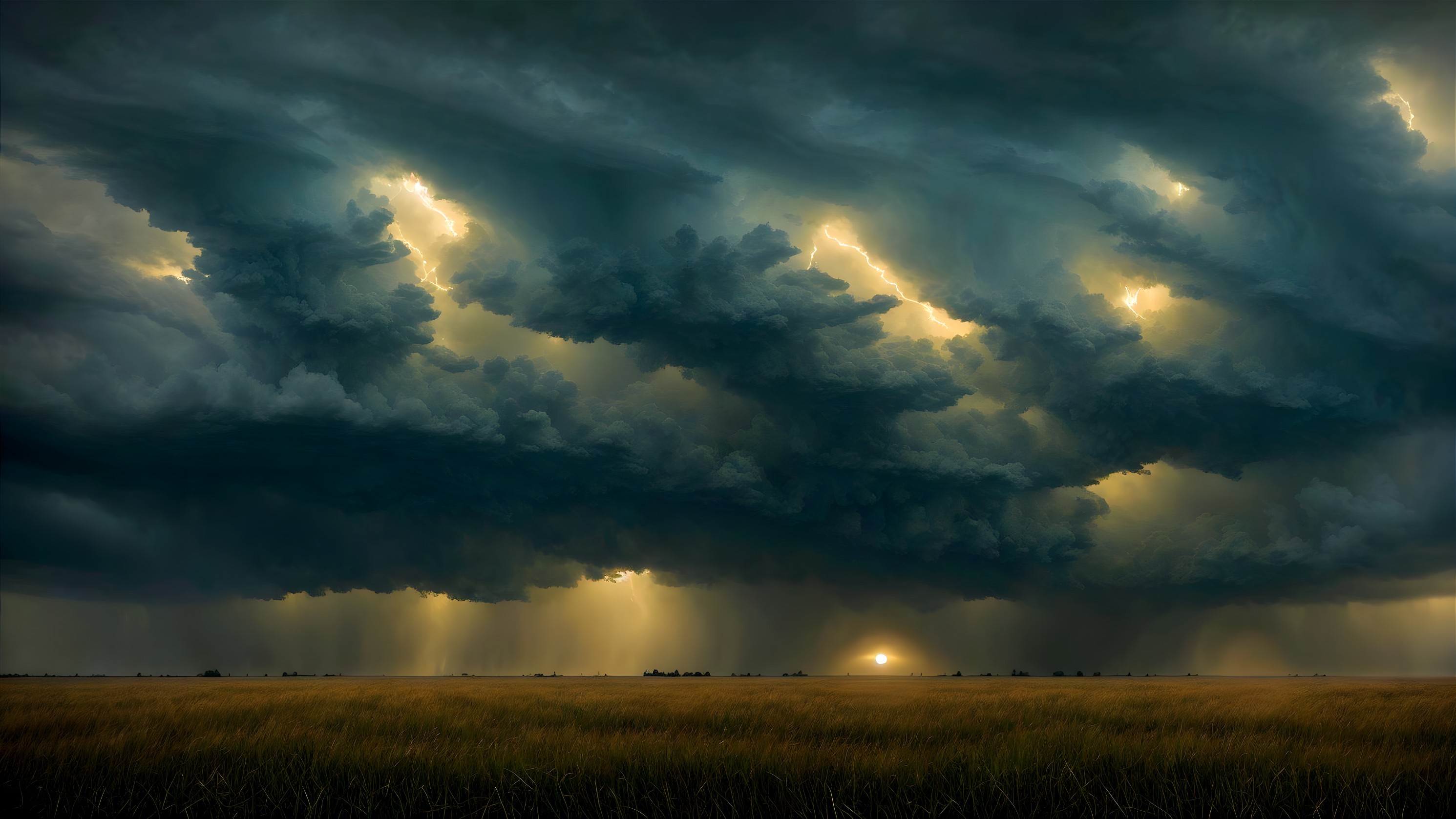 Dramatic Sky with Lightning Over Golden Field