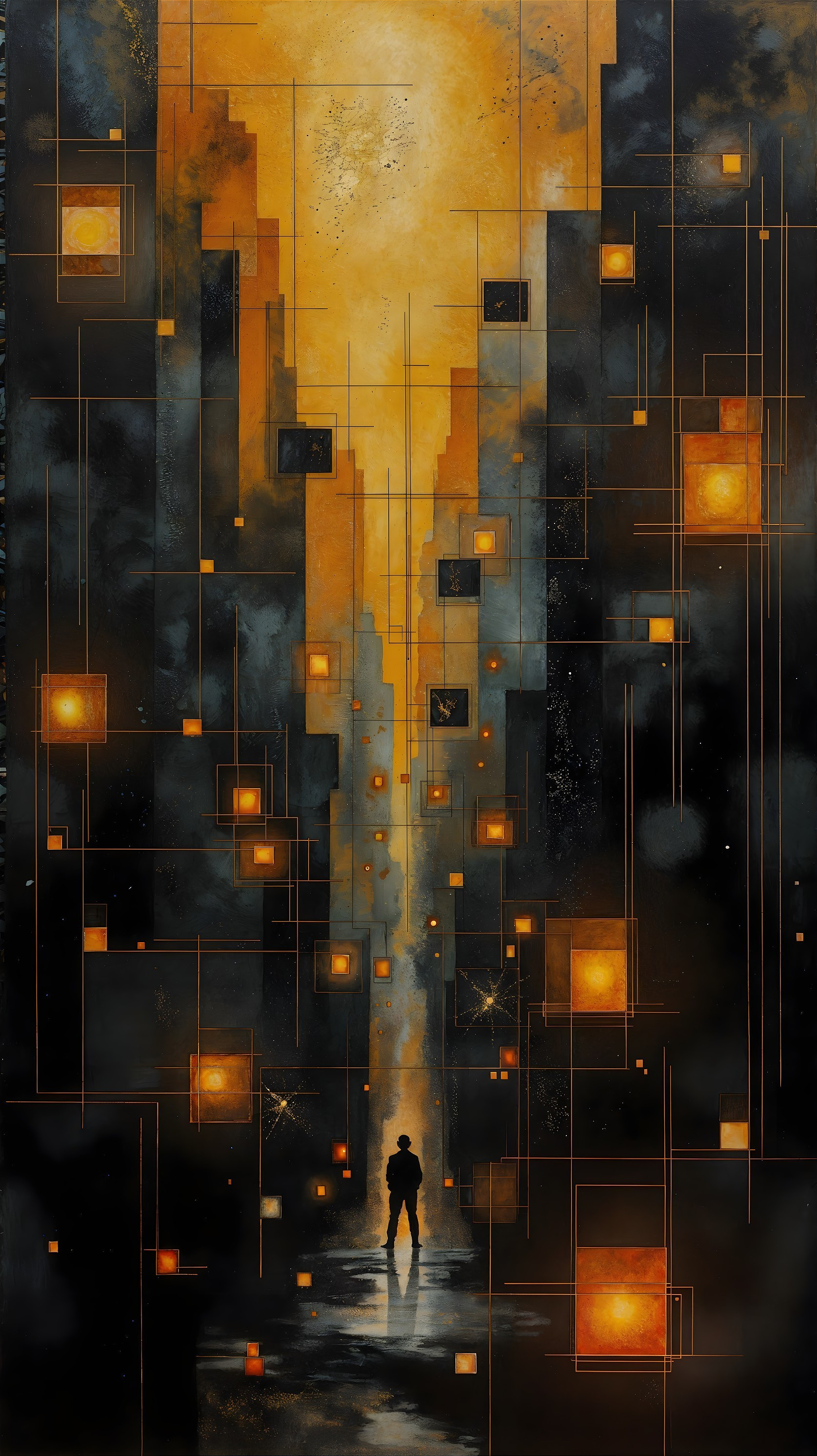 Futuristic cityscape with illuminated geometric structures