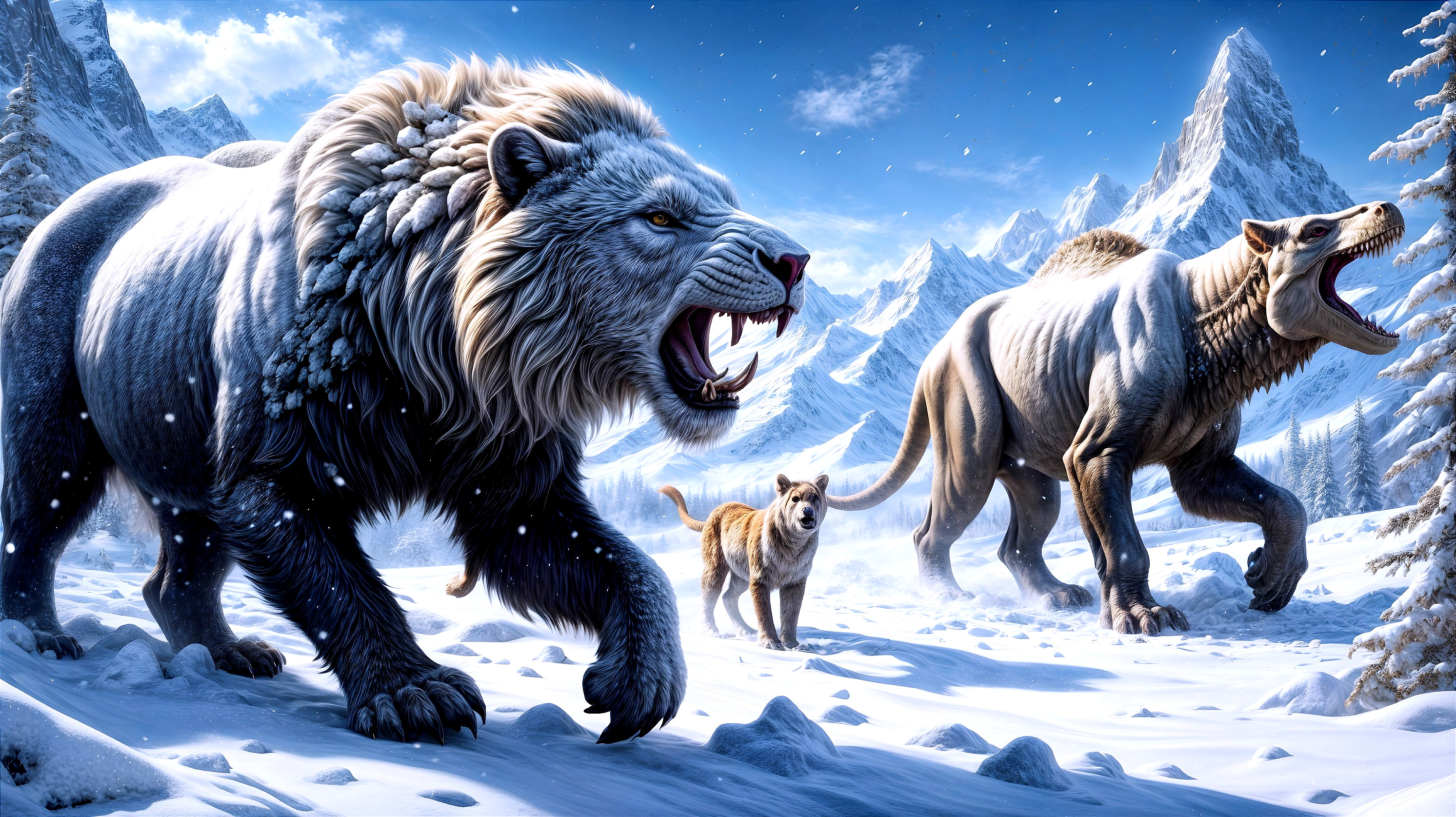Snowy Landscape with Bear and Prehistoric Creature