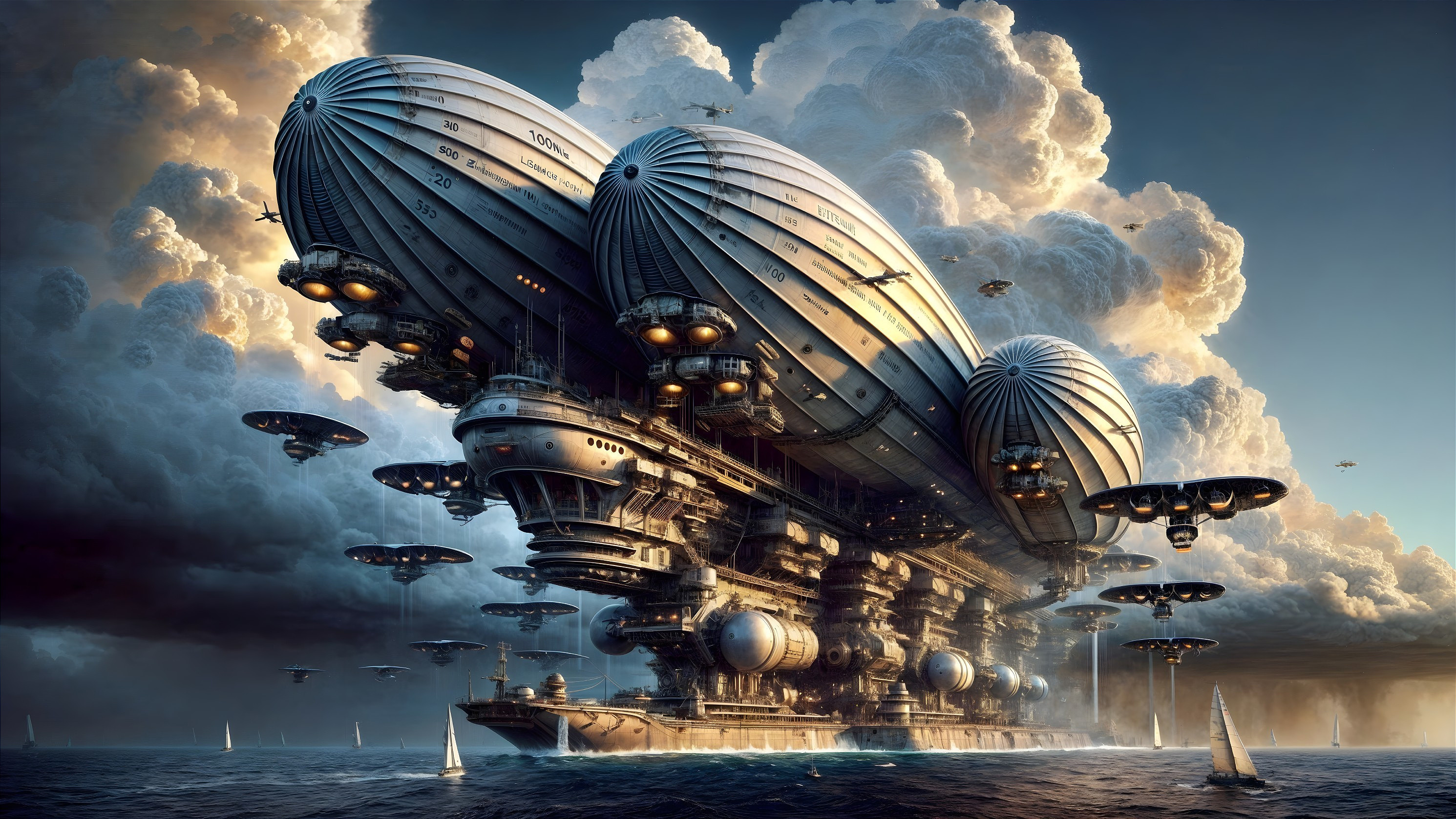 Futuristic airship with steampunk design above ocean