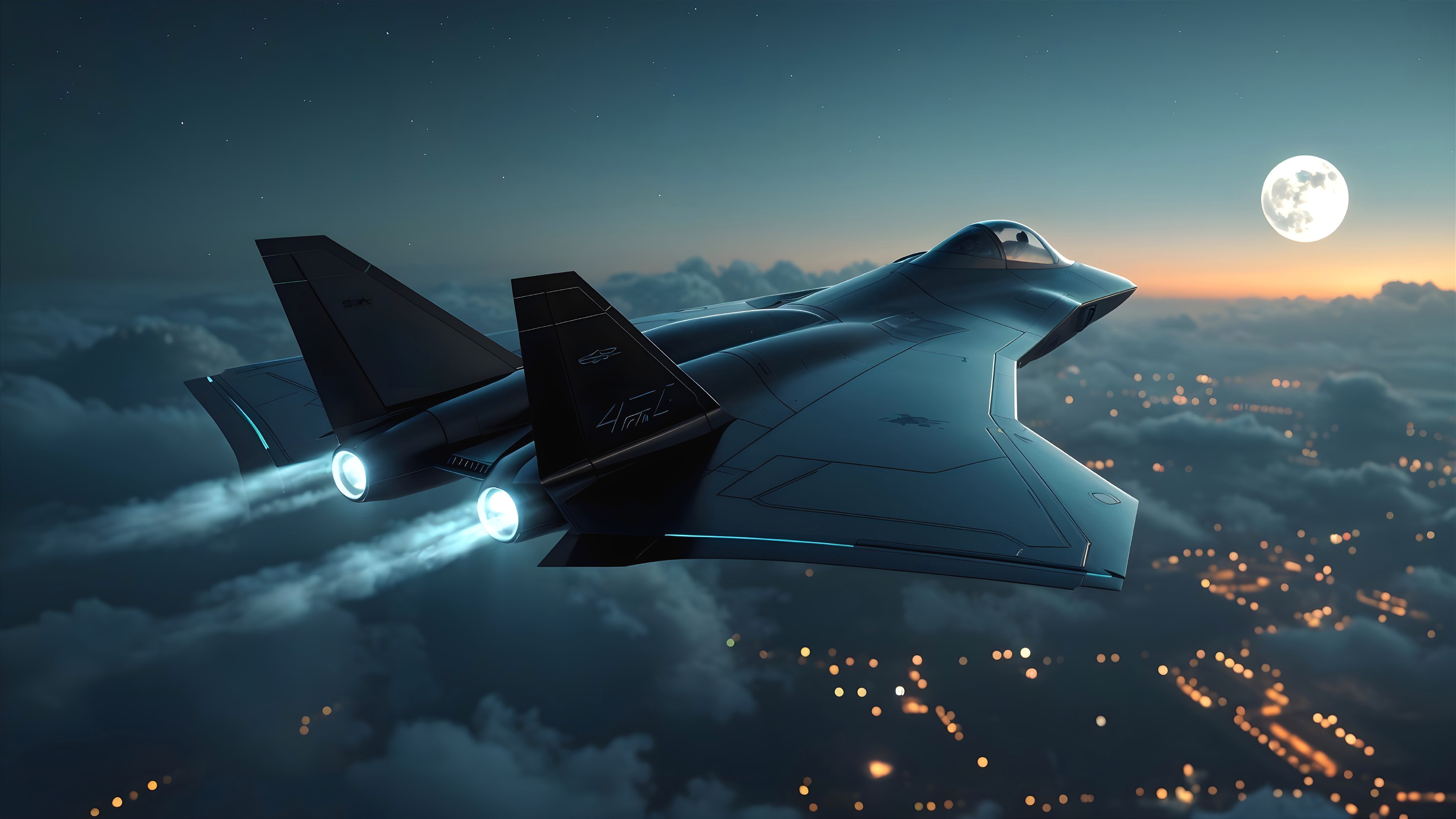 Futuristic Jet in Twilight Sky Over City Lights