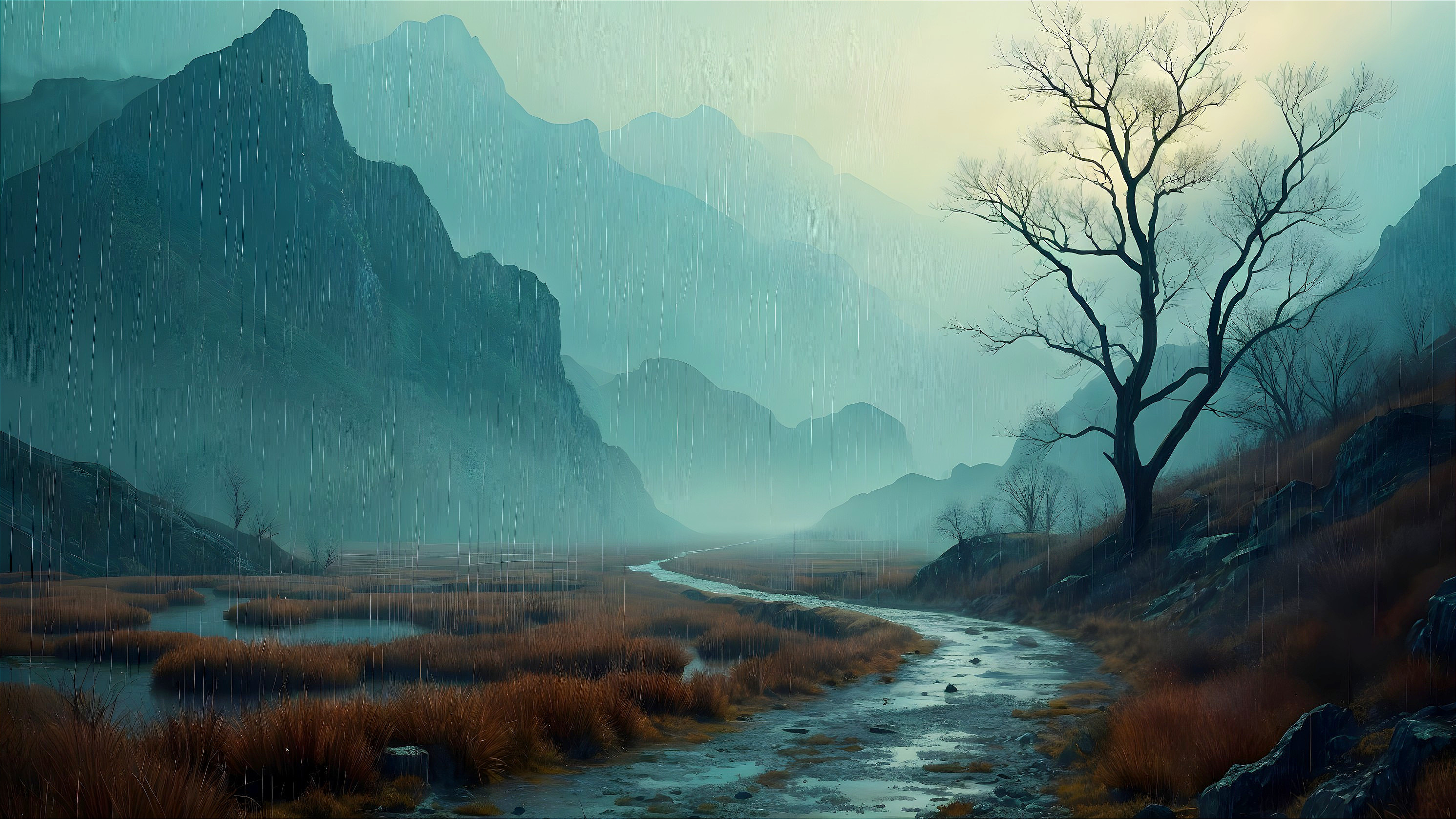 Misty Landscape with Mountains and Solitary Tree
