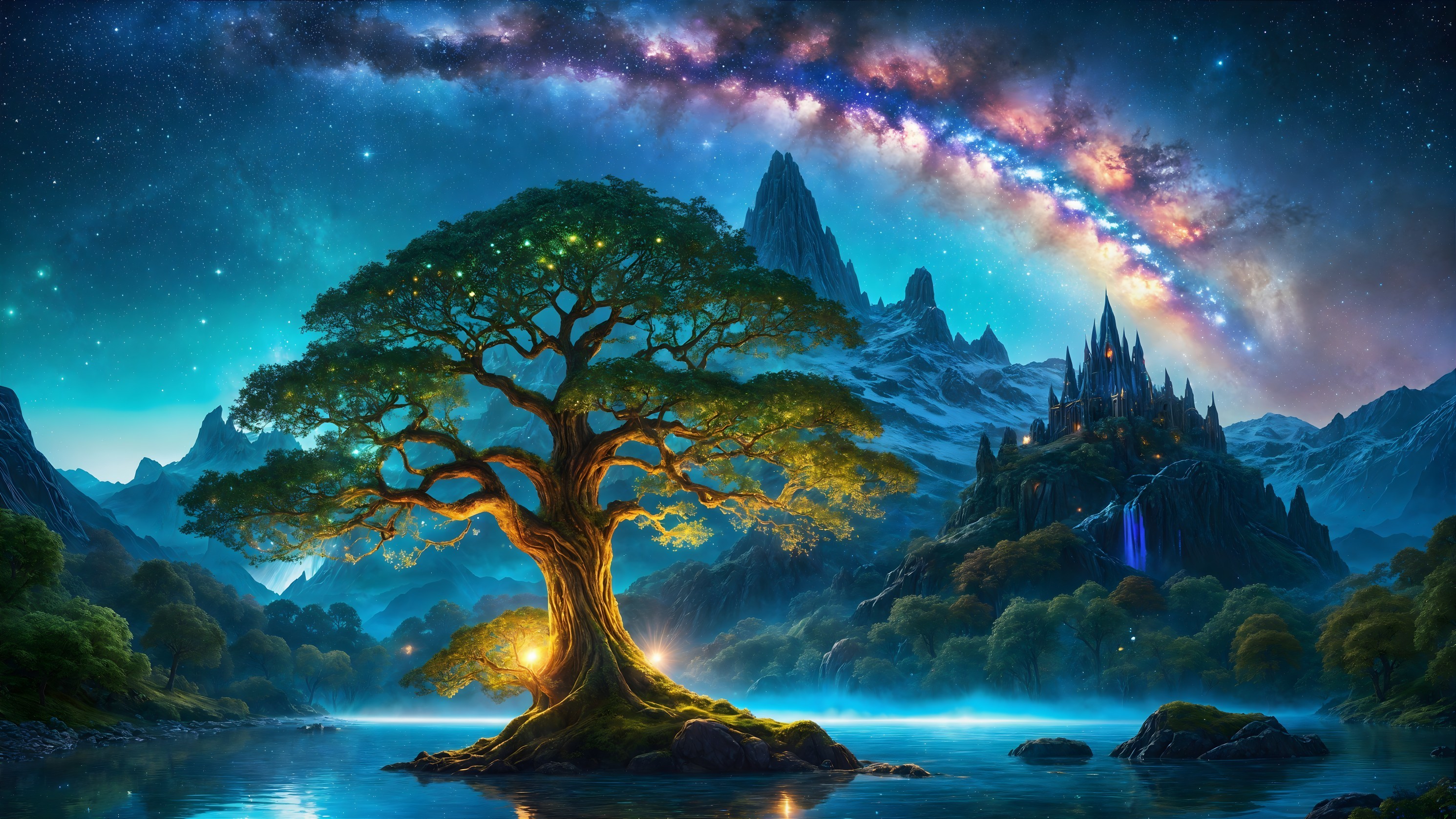 Majestic tree by tranquil lake with mountains and castle