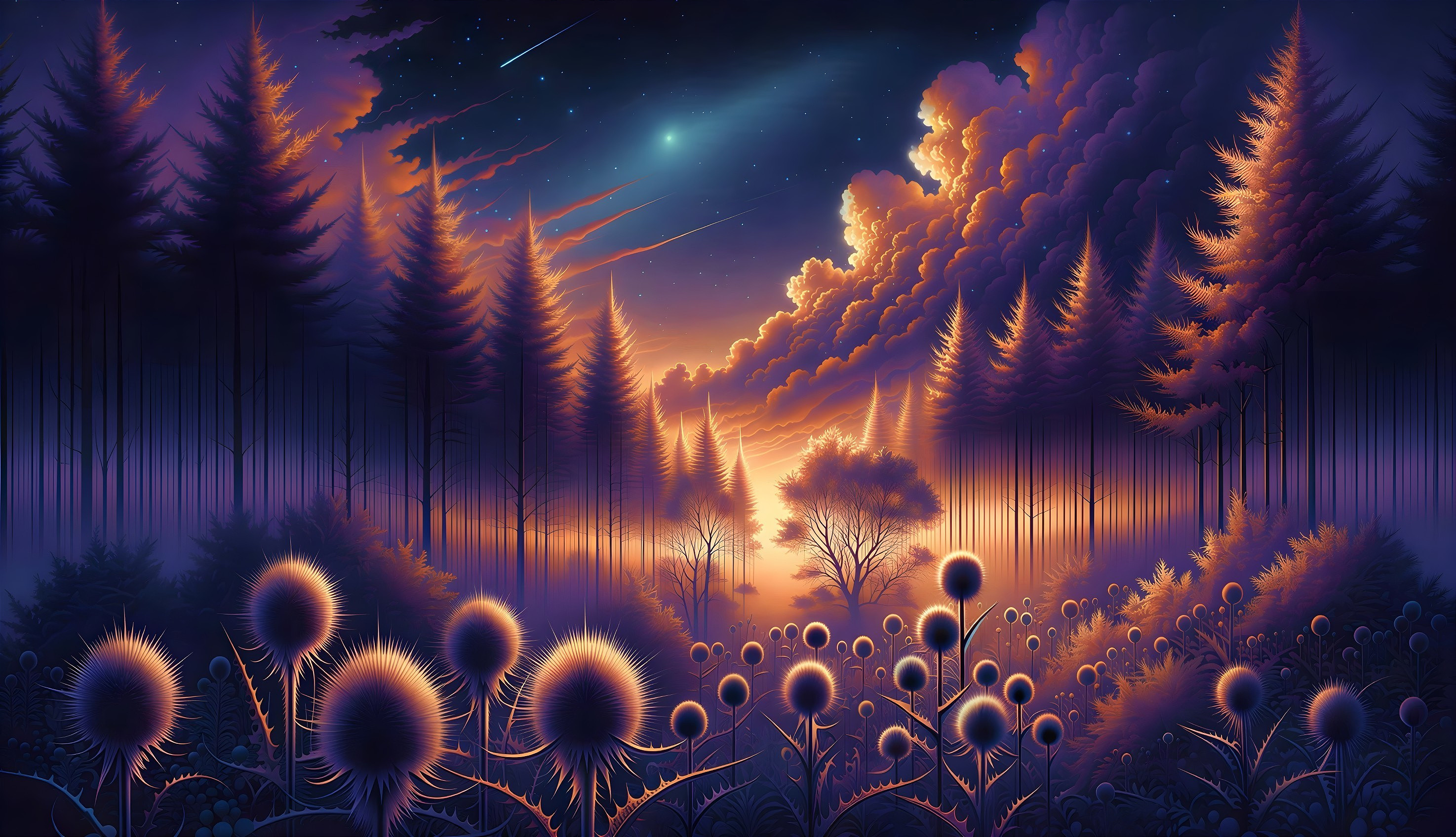 Ethereal Forest with Colorful Trees and Thistle Plants