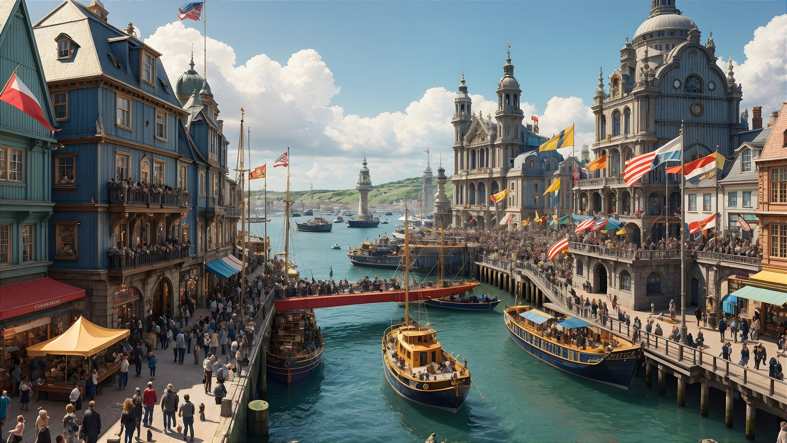 Vibrant Harbor Town with Colorful Buildings and Boats