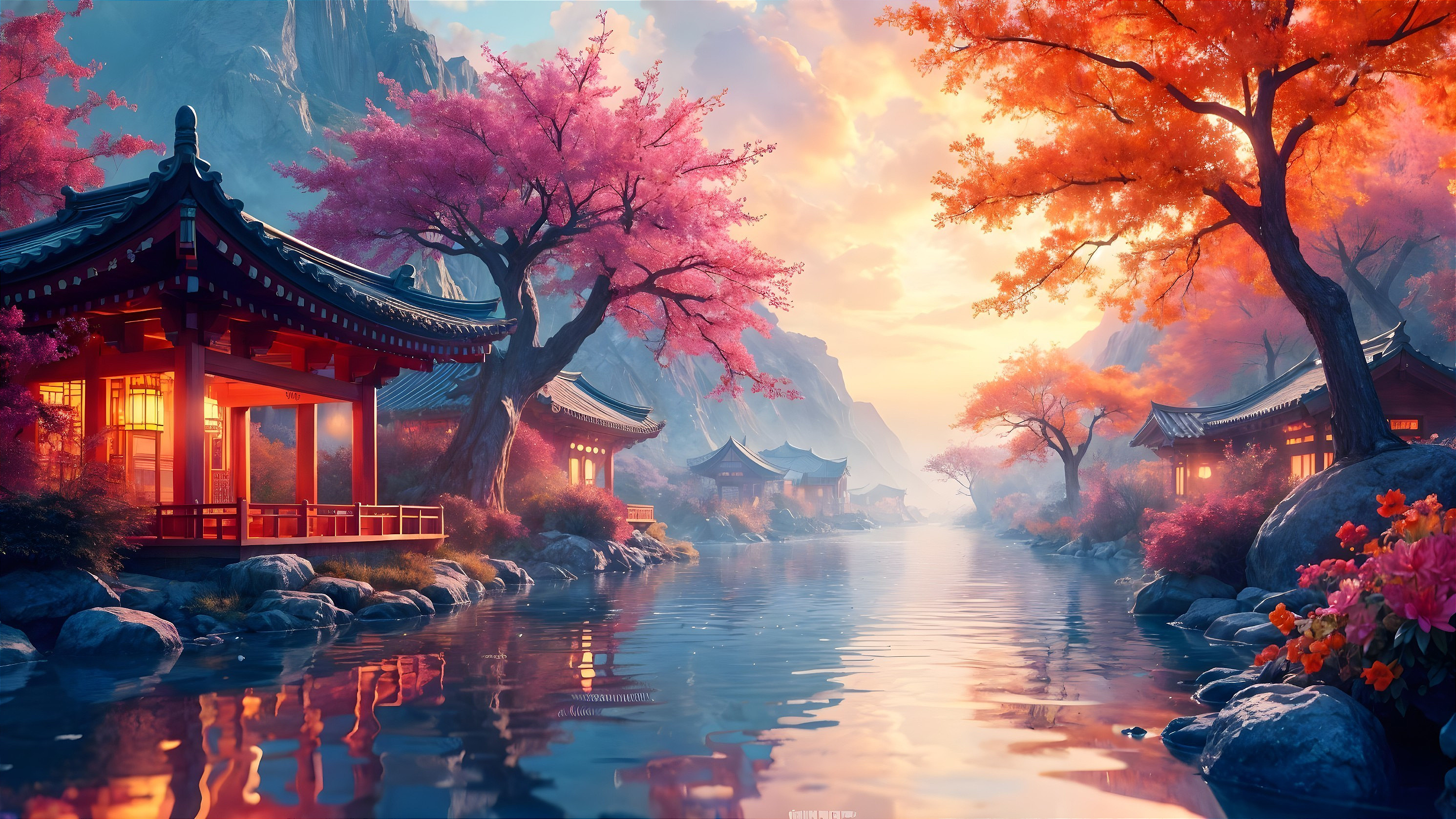 Serene Landscape with Asian Architecture and Cherry Blossoms