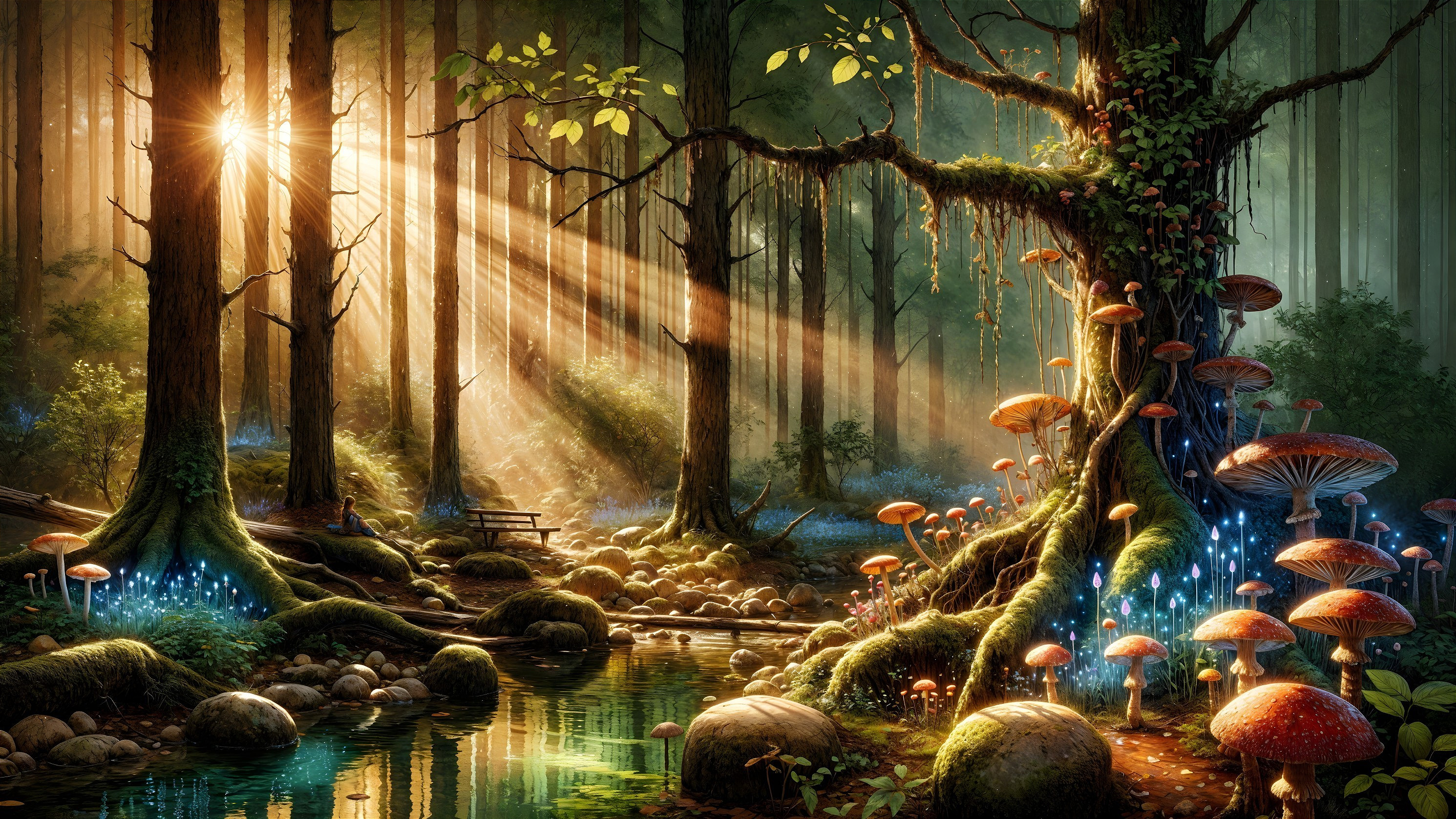 Serene forest scene with sunlight and vibrant mushrooms