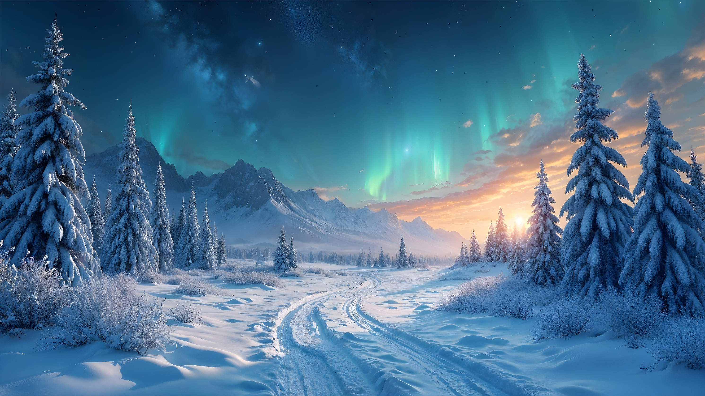 Winter landscape with snow-covered trees and auroras