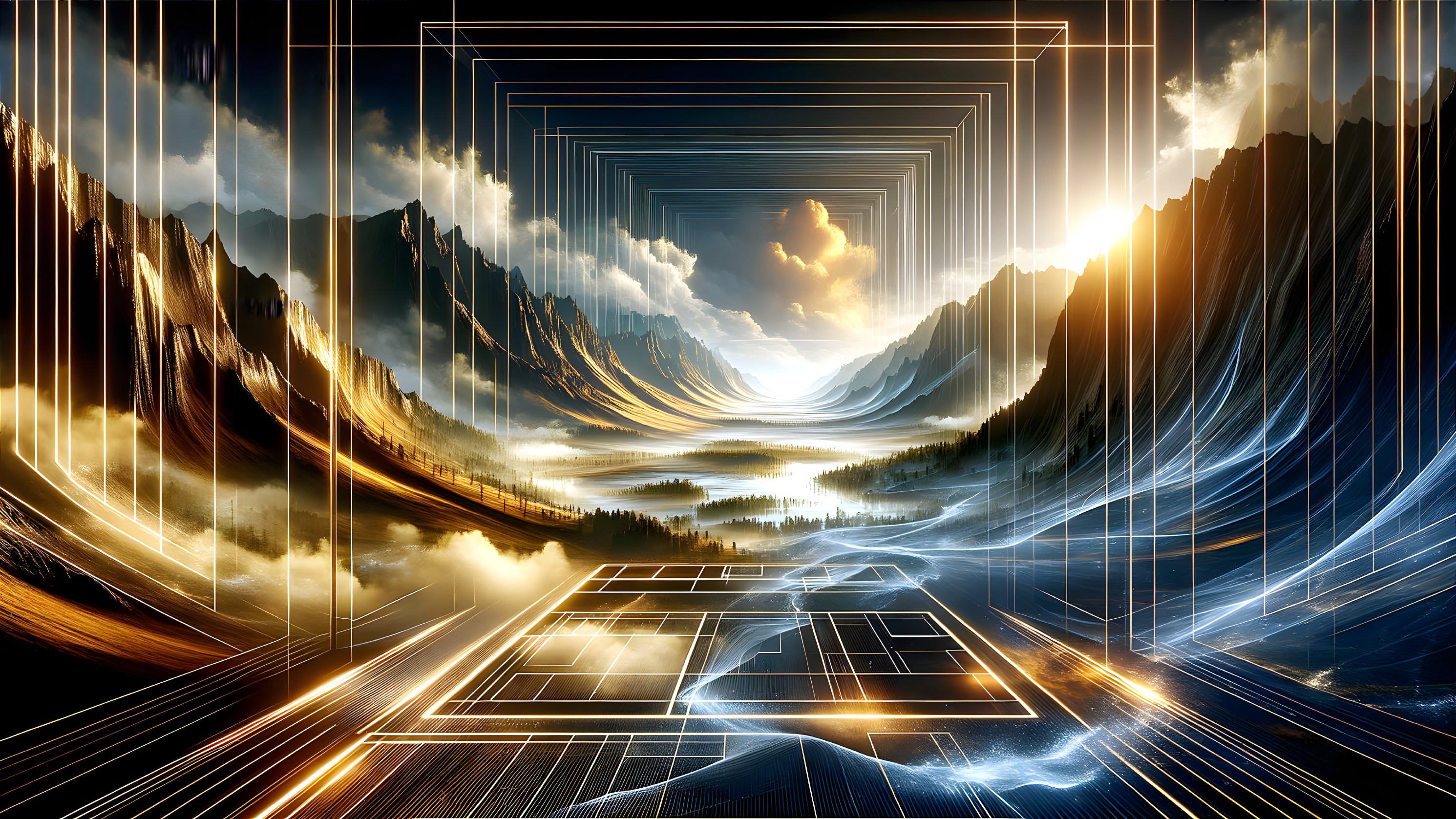 Majestic Mountains with Surreal Light and Geometric Patterns