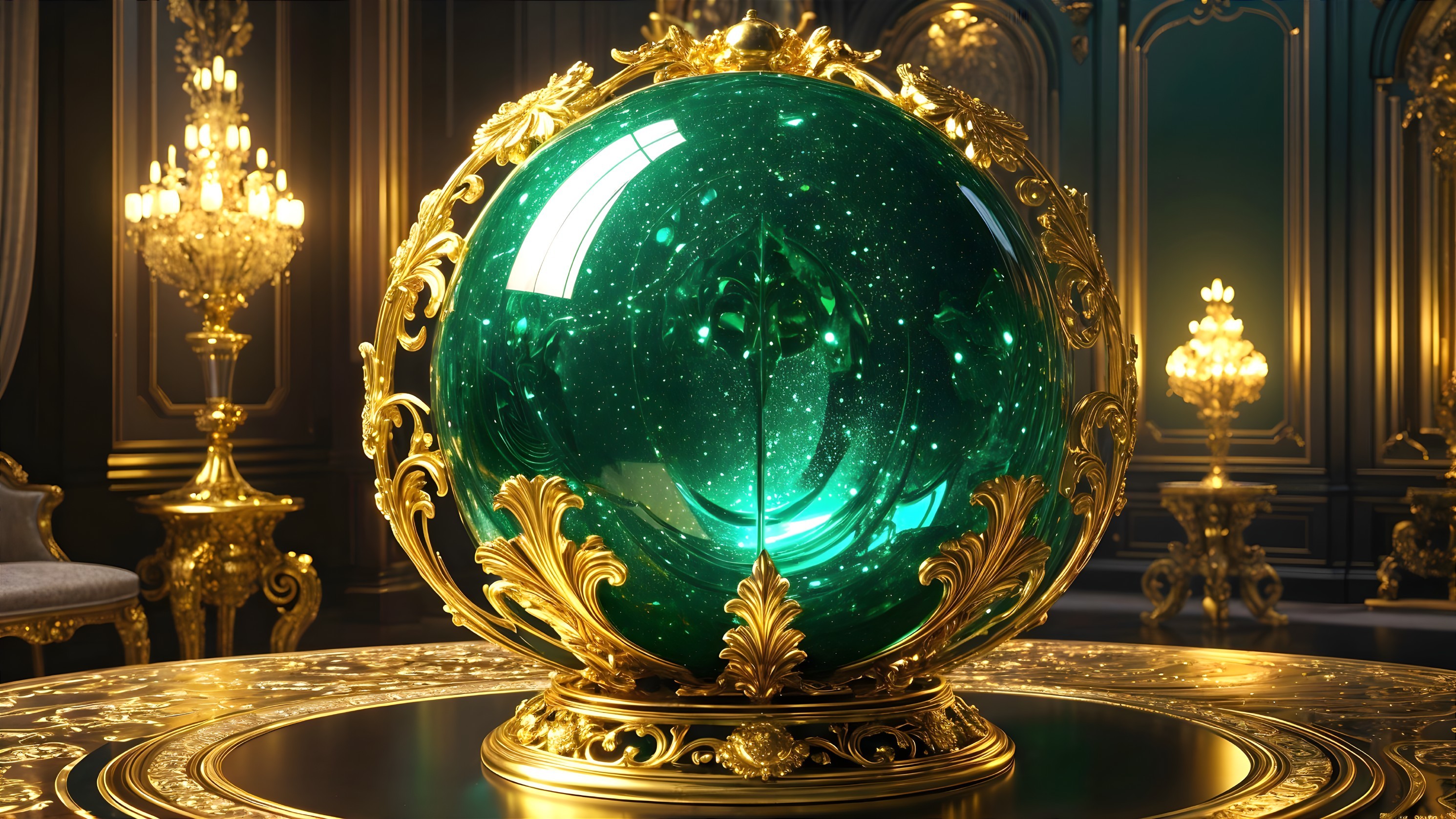 Ornate Golden Pedestal with Green Crystal Orb