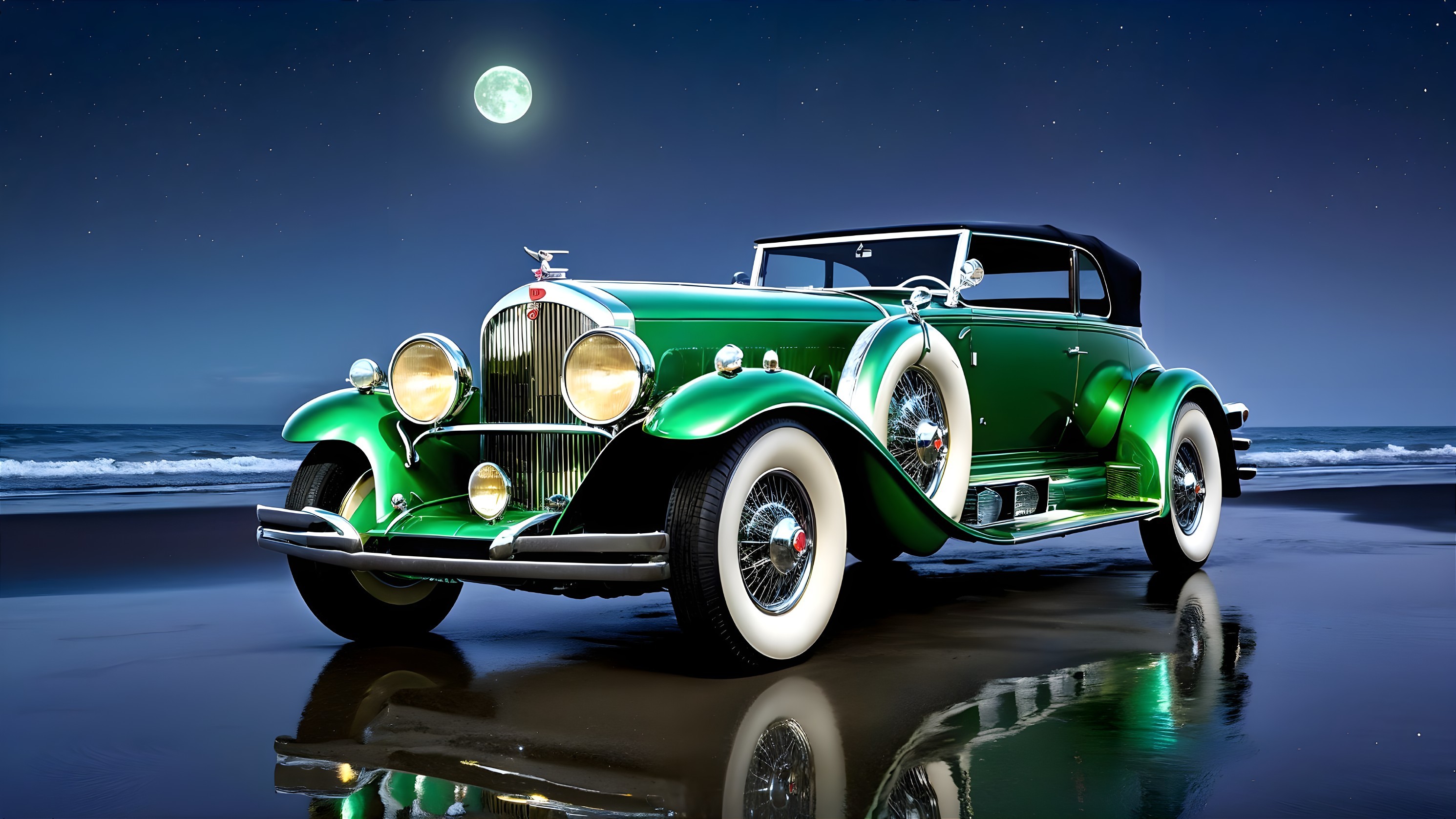 Vintage Green Convertible Car on Serene Beach at Night