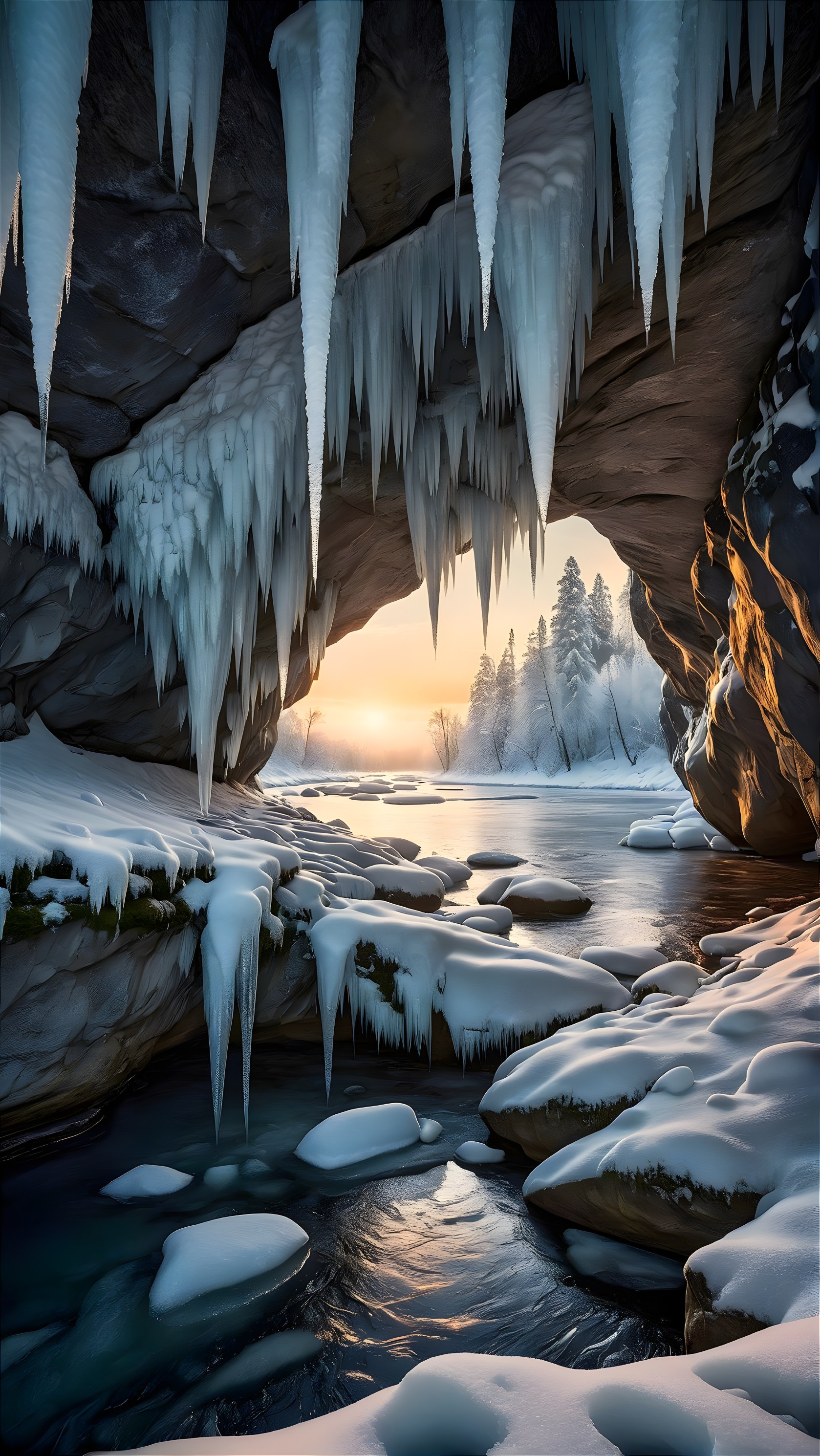 Winter Cave Scene with Icicles and Snowy Landscape